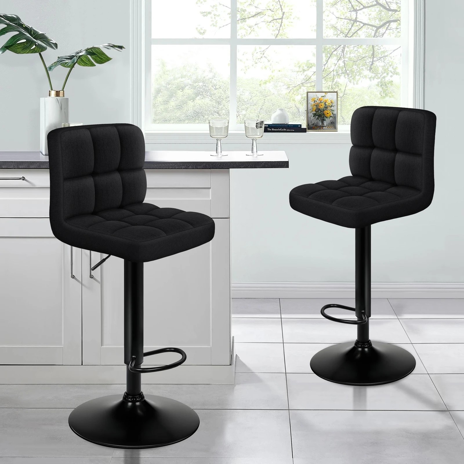 7 Alfordson 2x Bar Stools Ralph Kitchen Swivel Chair Fabric Gas Lift - Black, 7 of 7