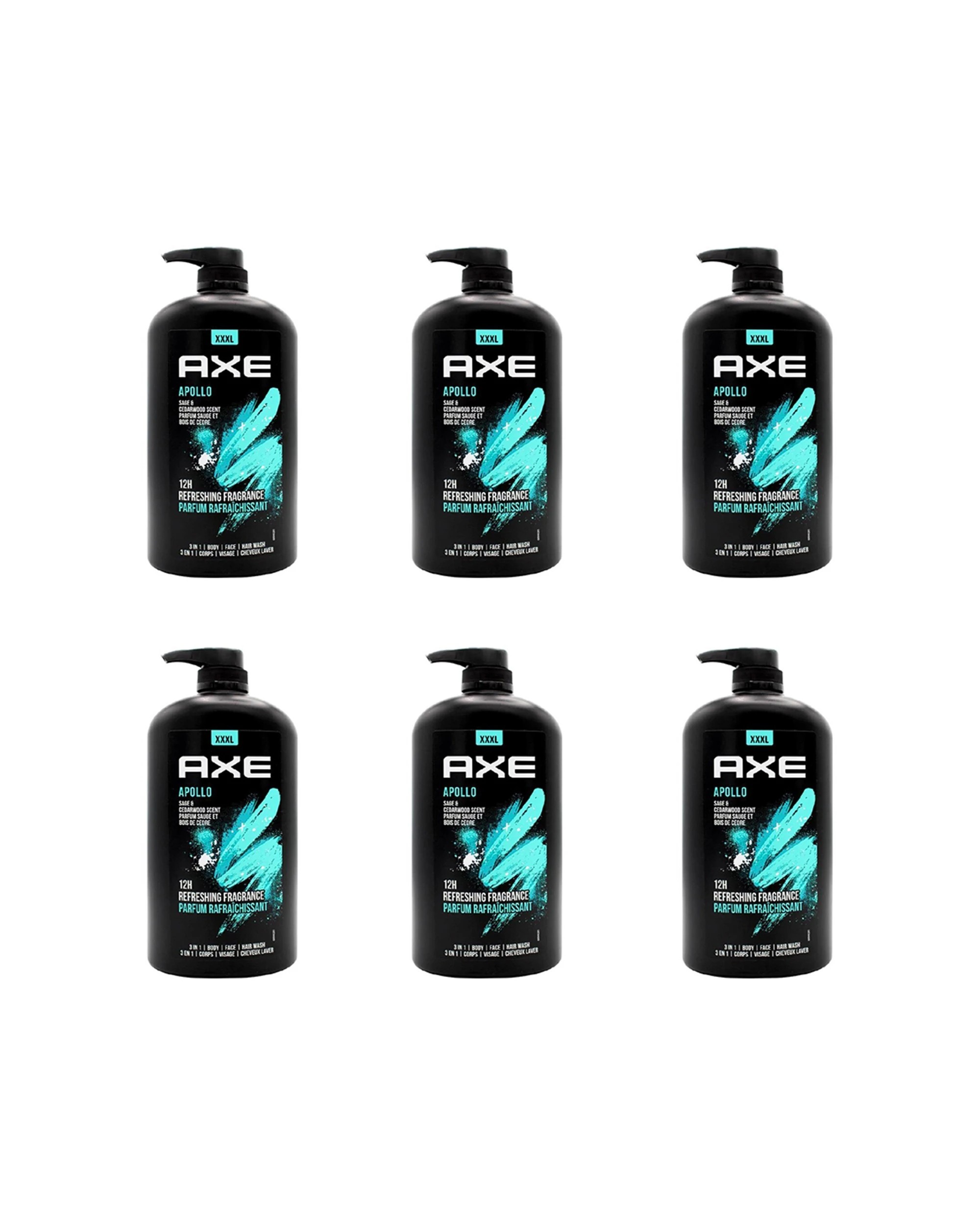 1 Axe Apollo 6PK 3-in-1 Body Face Hair Wash 1L Sage Cedarwood Scent For Men - Black, 1 of 4