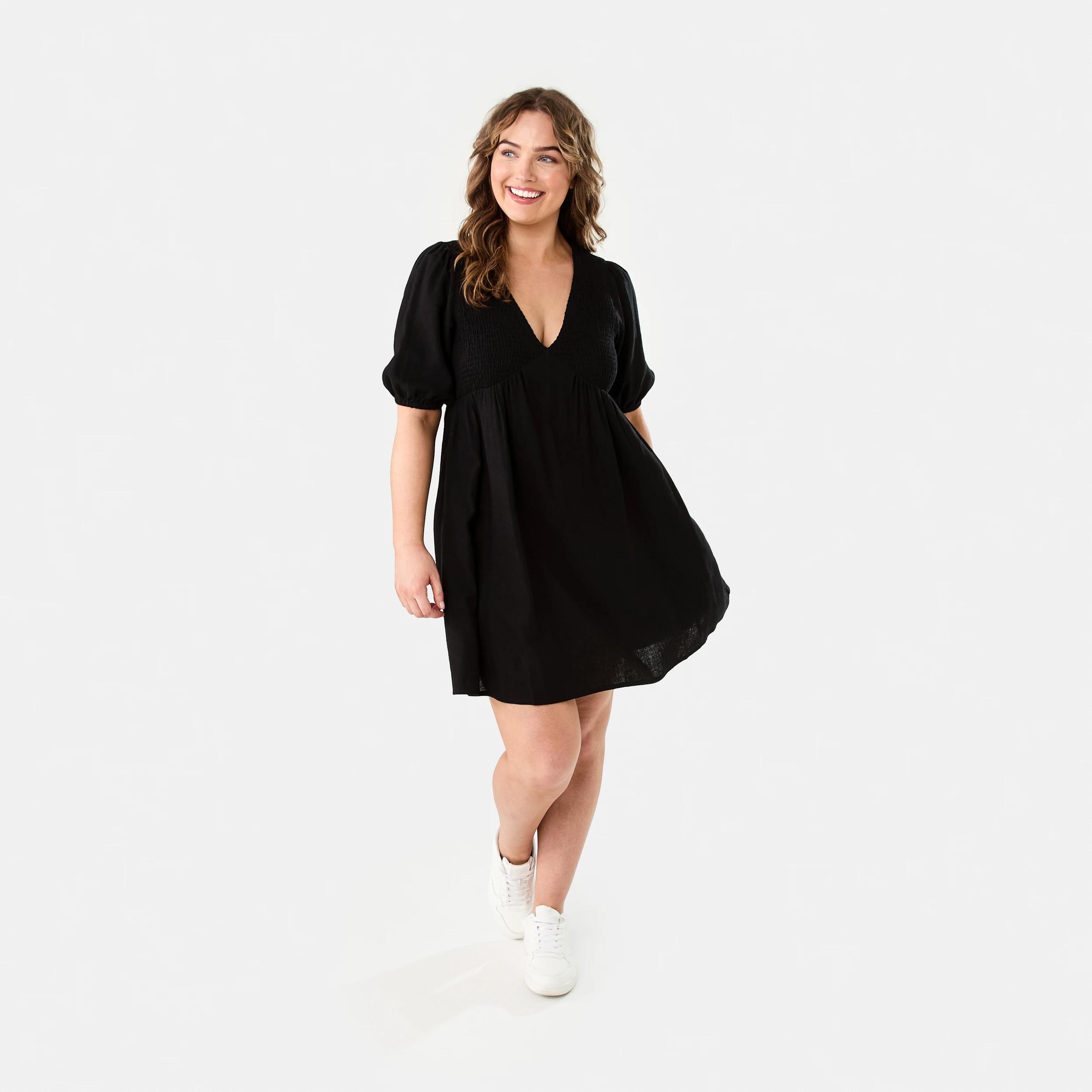 9 Short Sleeve Shirred V-Neck Mini Dress BLACK, 9 of 9