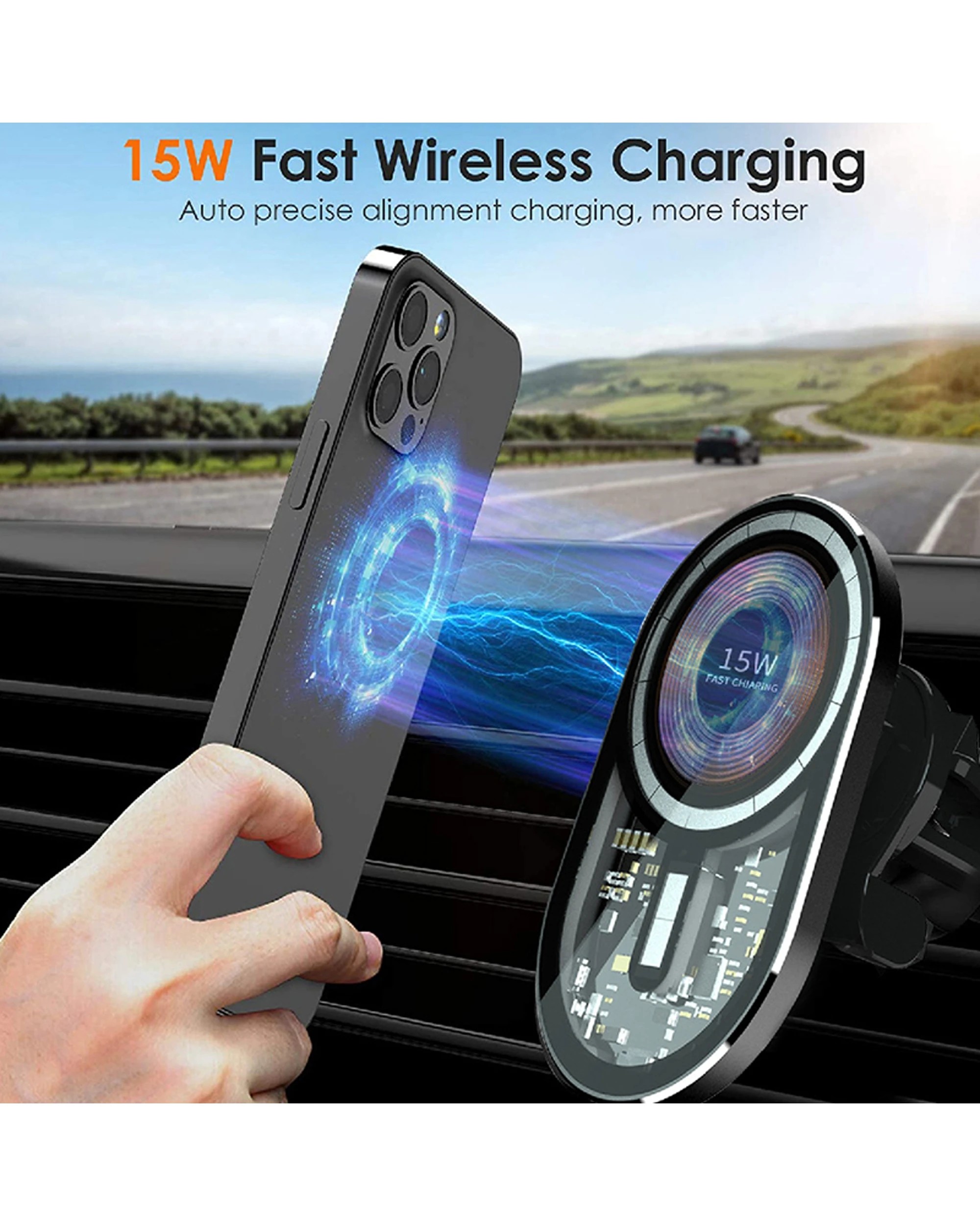 3 Sansai Magnetic Wireless Hands Free Car Phone Charger 15W For iPhone - Black, 3 of 5