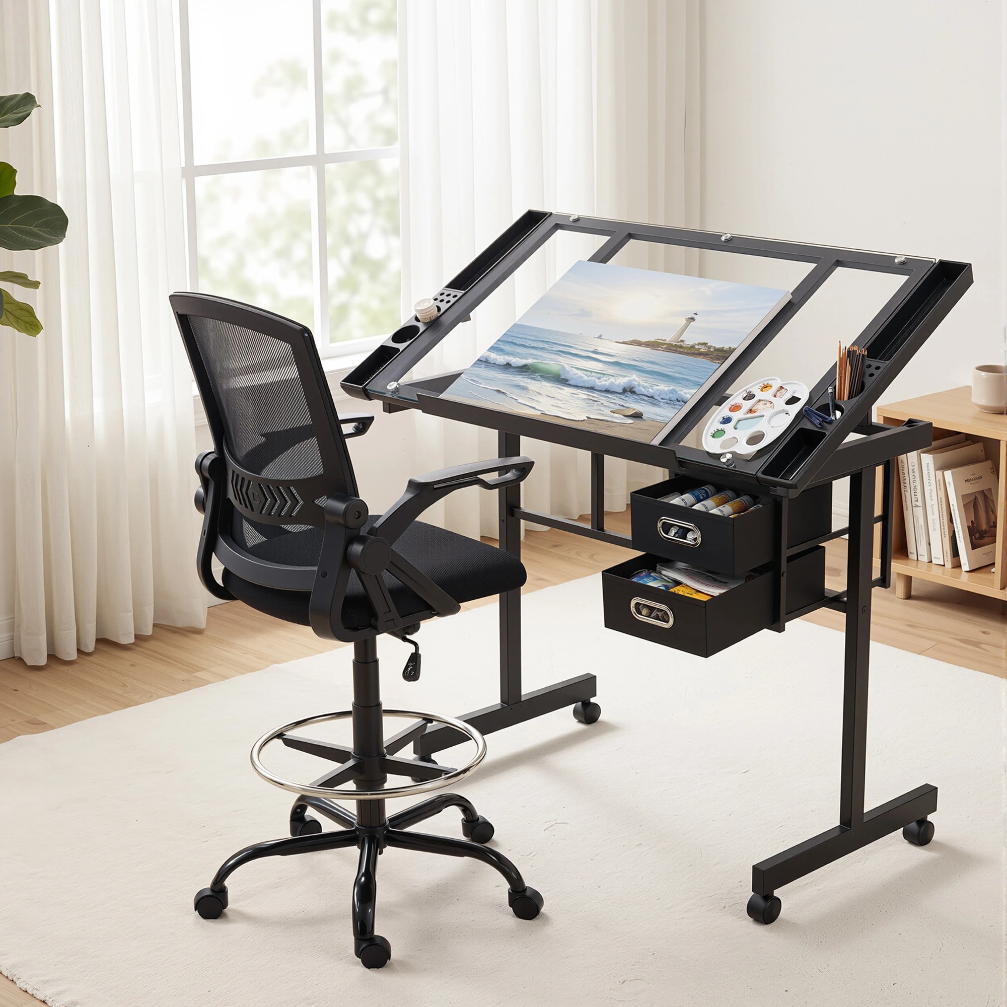 2 Artiss Drawing Table w/ Glass Top & Ergonomic Chair – Drafting Desk w/ Drawers for Art Studi - Black, 2 of 9