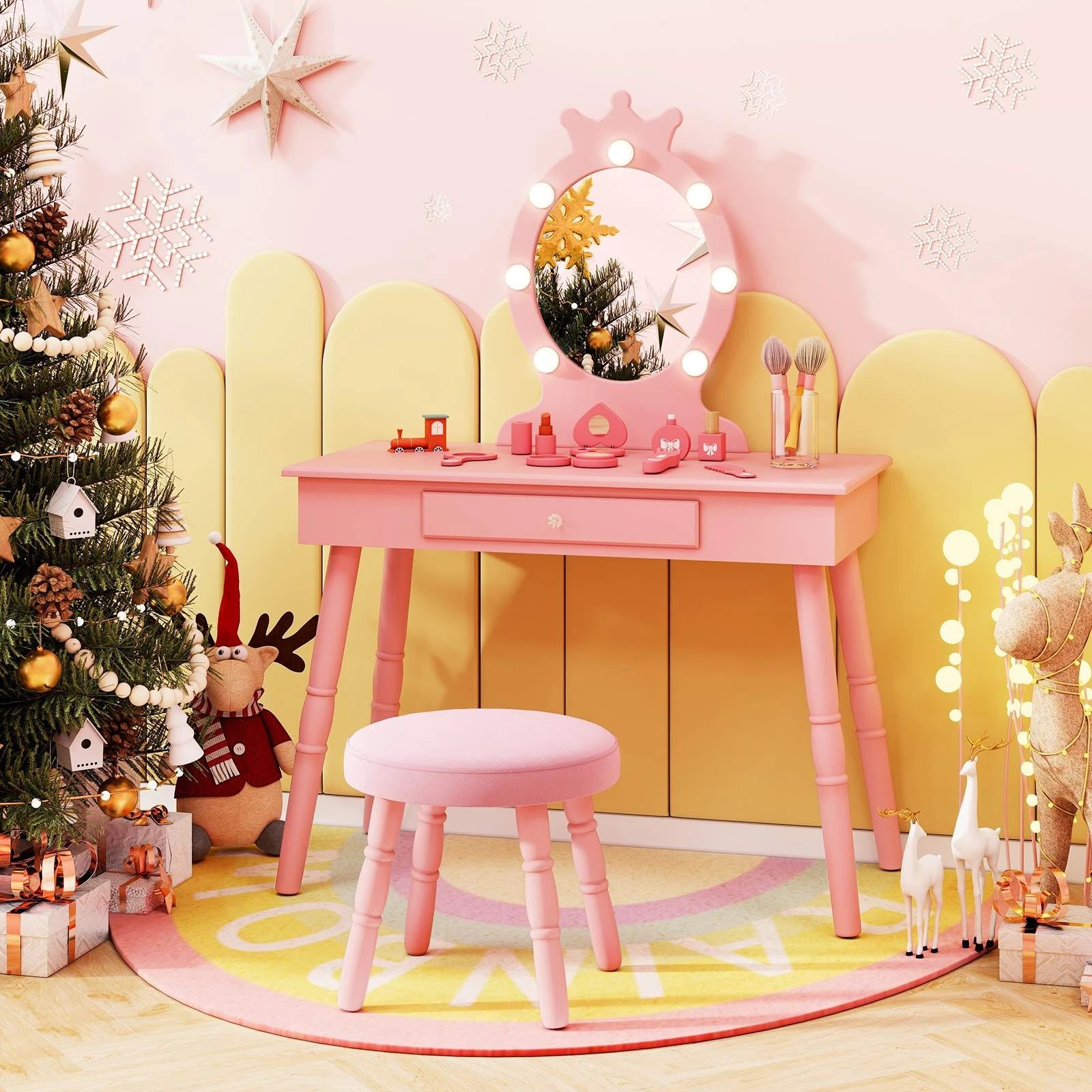 2 Costway 2-in-1 Vanity Princess Makeup Dressing Table Set w/Mirror - Pink, 2 of 3