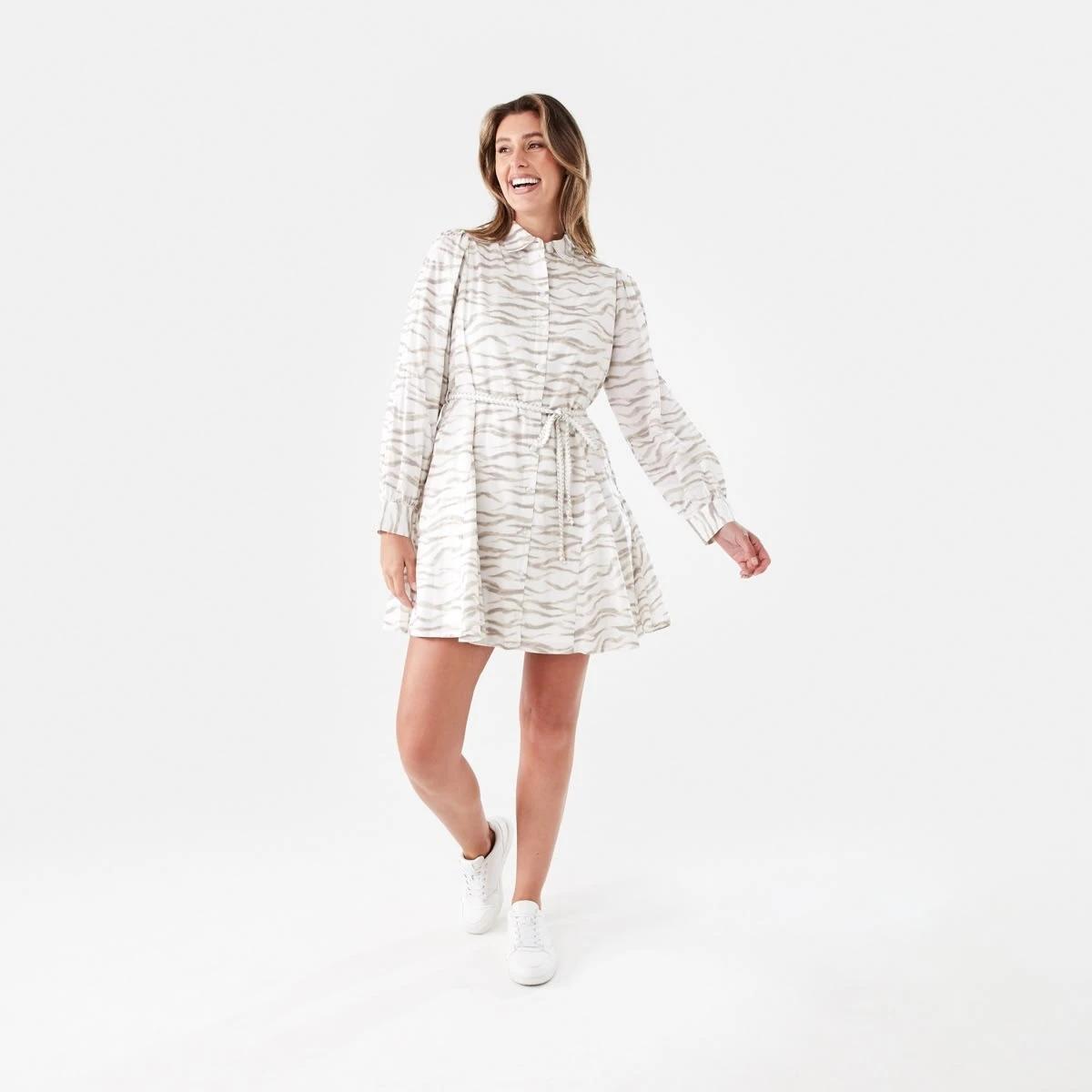 8 Long Balloon Sleeve Tie Waist Mini Dress SOFT ZEBRA CLOUD DANCER, 8 of 8
