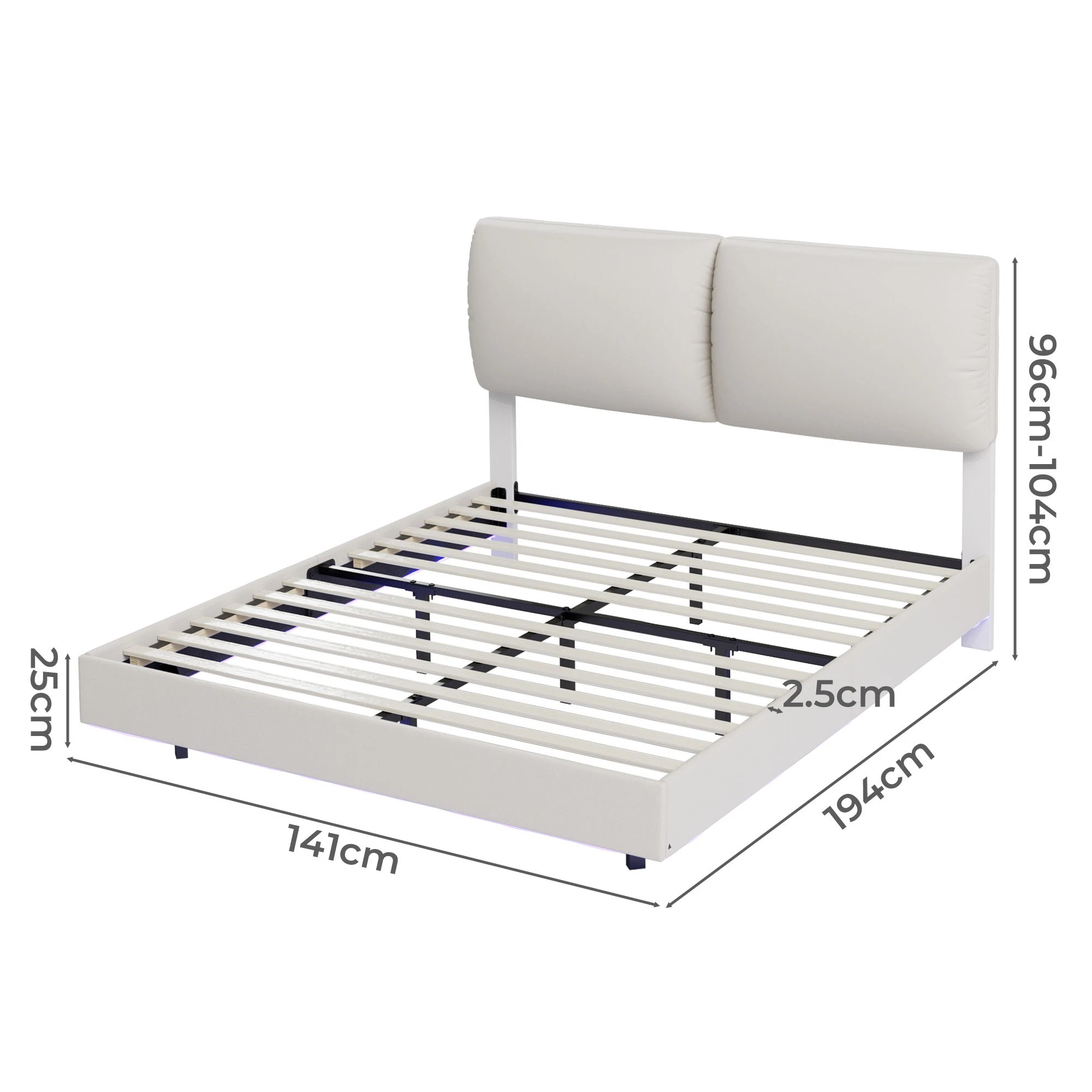 3 Levede Double Upholstered Platform Bed Frame with Light - Beige, 3 of 9