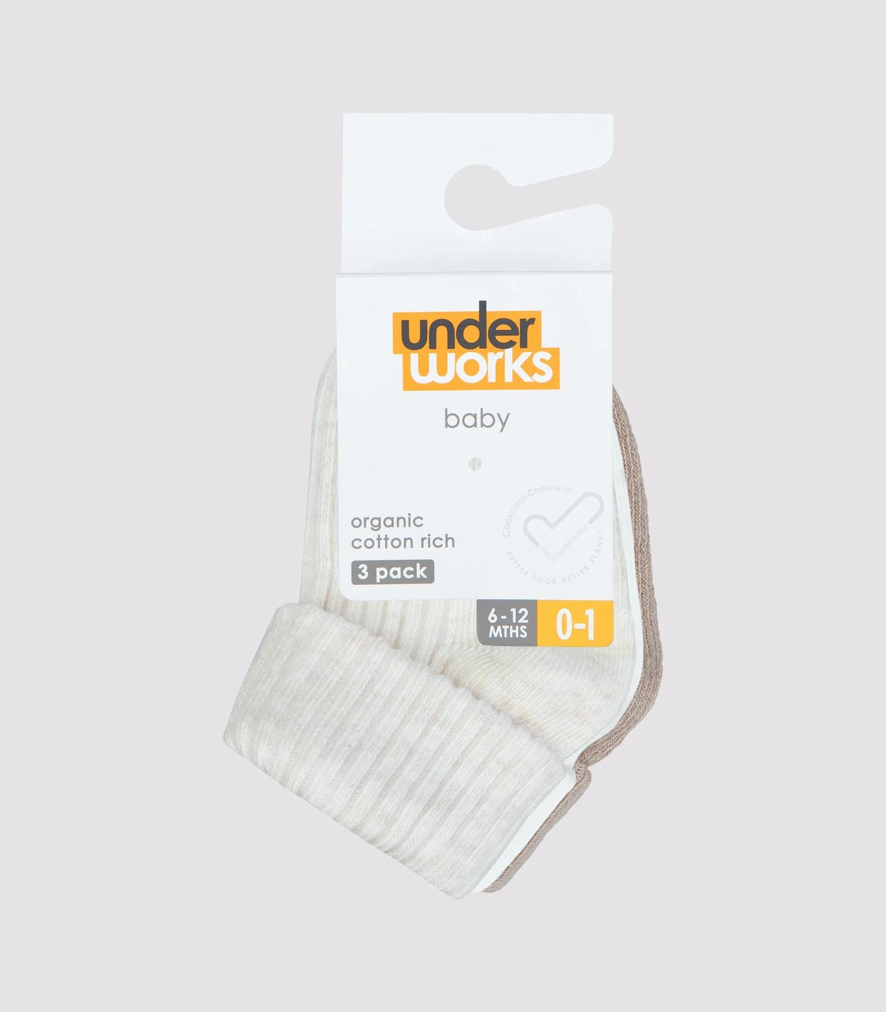 2 Baby Cotton Blend Turn Over Rib Cuff Socks 3 Pack - Underworks OAT, WHITE, LATTE, 2 of 2
