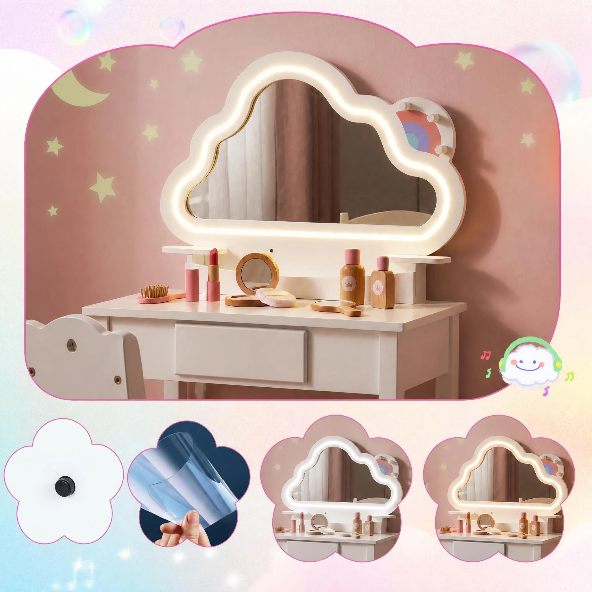 4 Costway Vanity Set Lighted Cloud Mirror 2-in-1 Princess Makeup Dressing Table Chair - White, 4 of 8