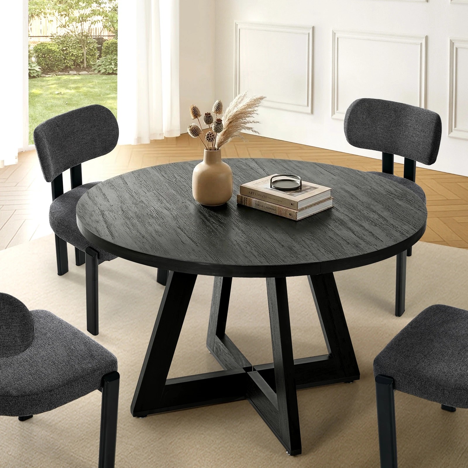 Oikiture 120cm Round Dining Table Wooden Kitchen Furniture Black - Kmart