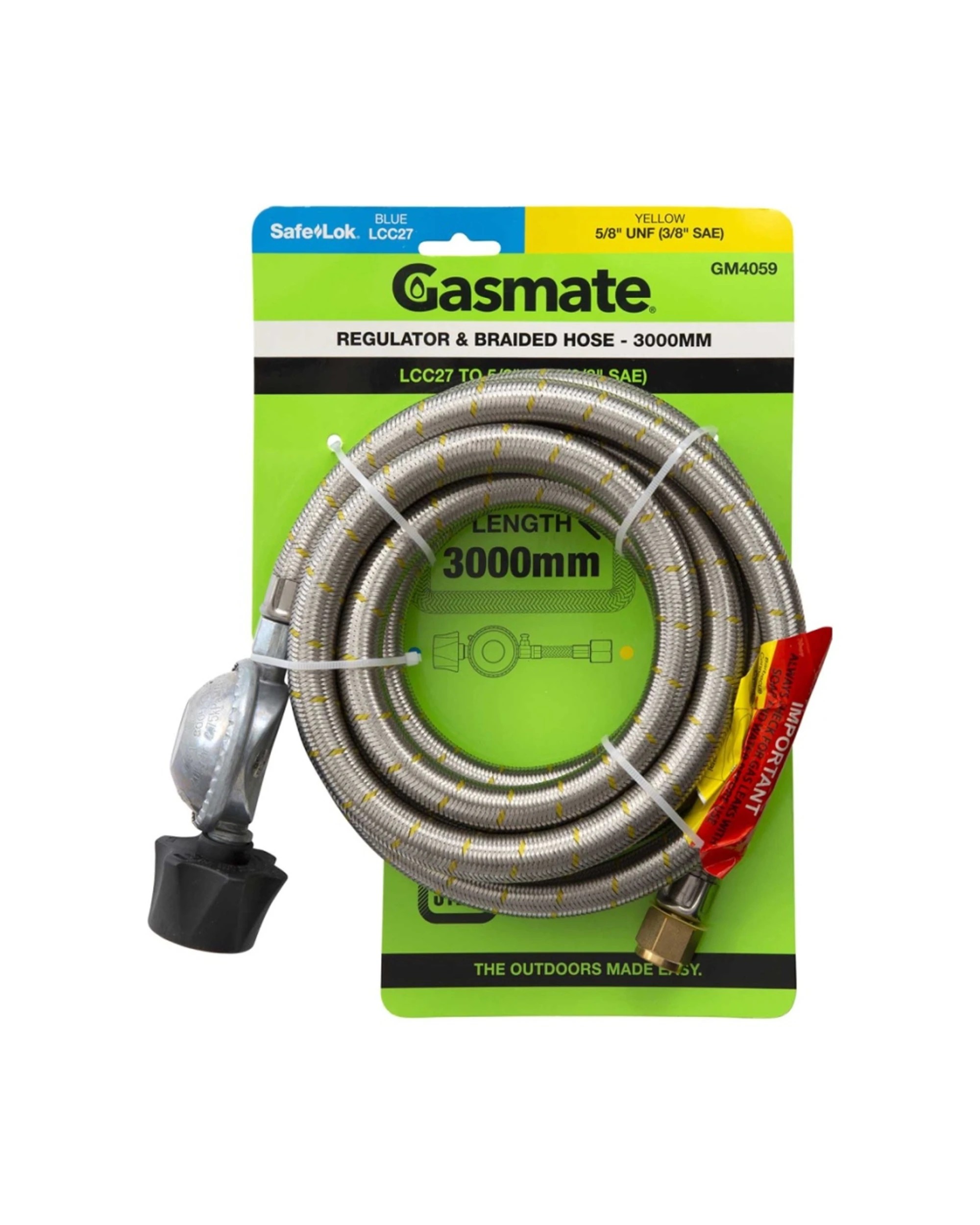 1 Gasmate Regulator Braided Hose 3000mm LCC27 To 5/8 UNF 3/8 SAE Connector - Metallic, 1 of 3