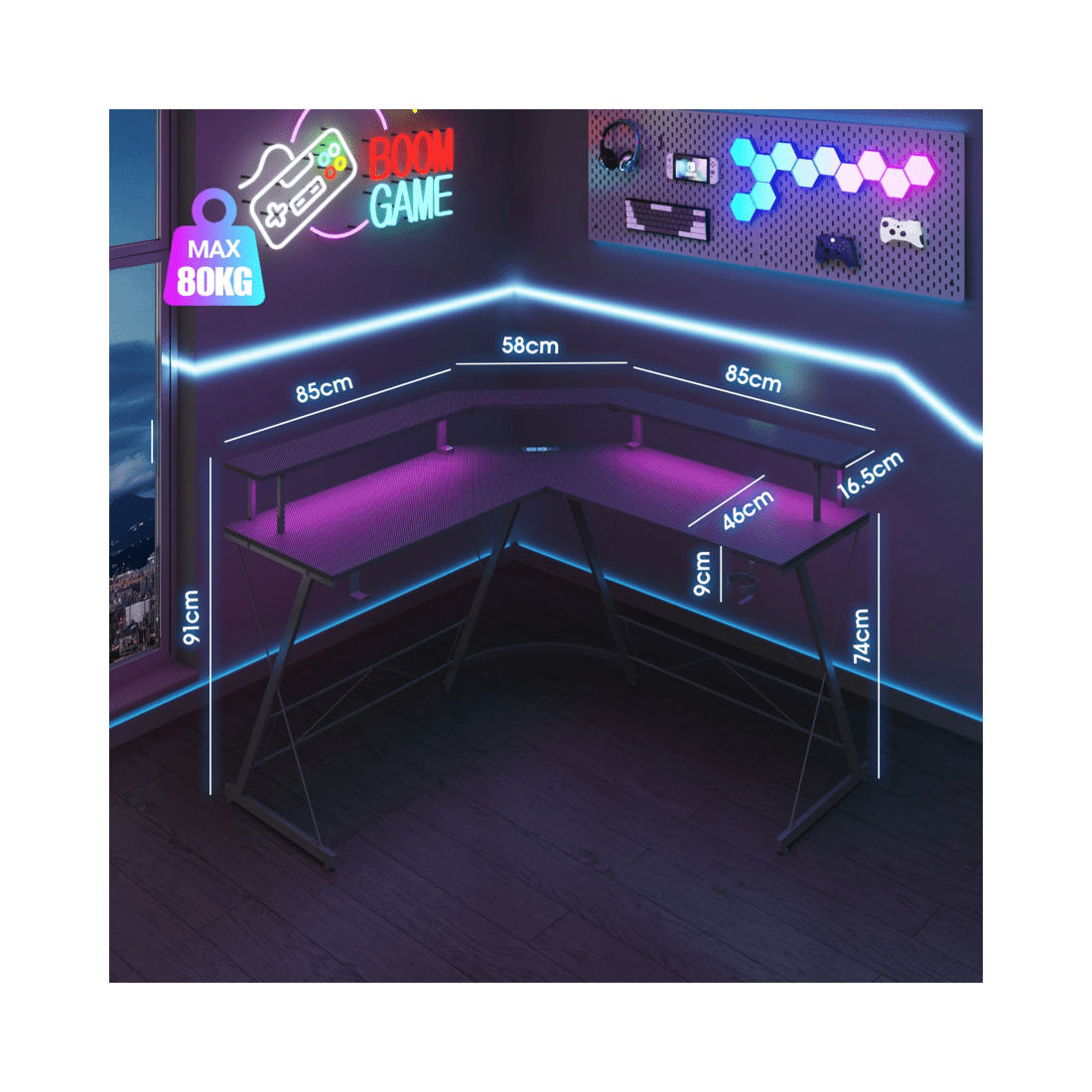 2 Advwin 126cm L Shaped Gaming Desk With Led Lights & Power Outlets Computer Desk Black, 2 of 10