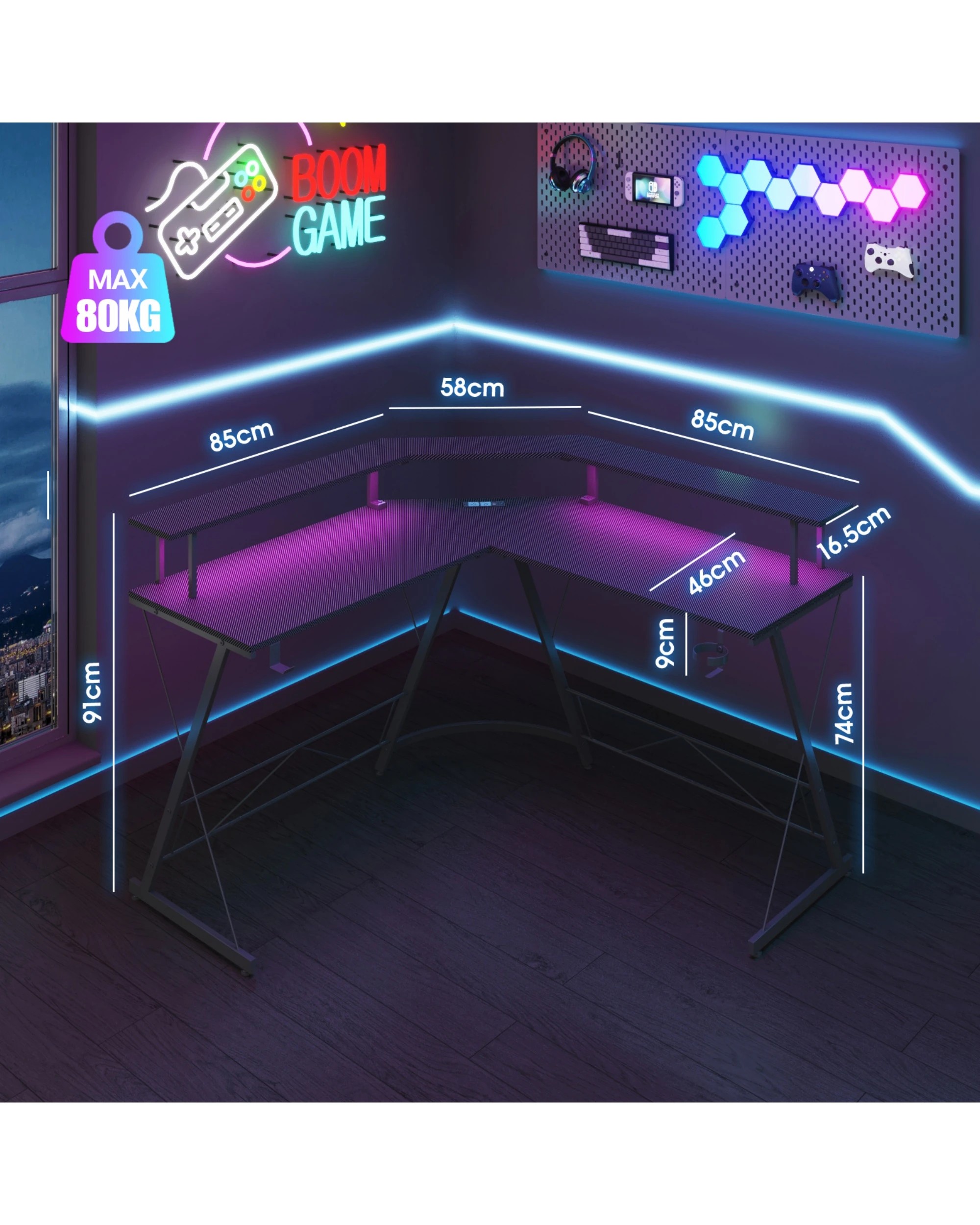 2 Advwin 126cm L Shaped Gaming Desk With Led Lights & Power Outlets Computer Desk Black, 2 of 10