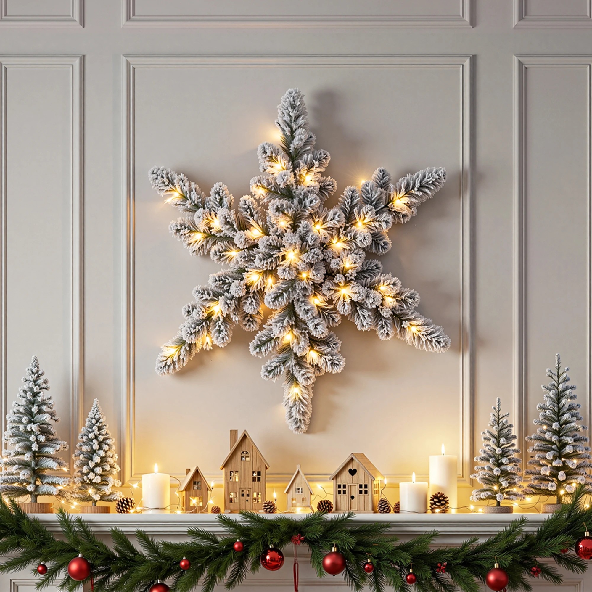 4 Jingle Jollys 60cm Flocked Snowflake Christmas Wreath Garland Pre-Lit 40 LED Light Decor - Green, 4 of 7