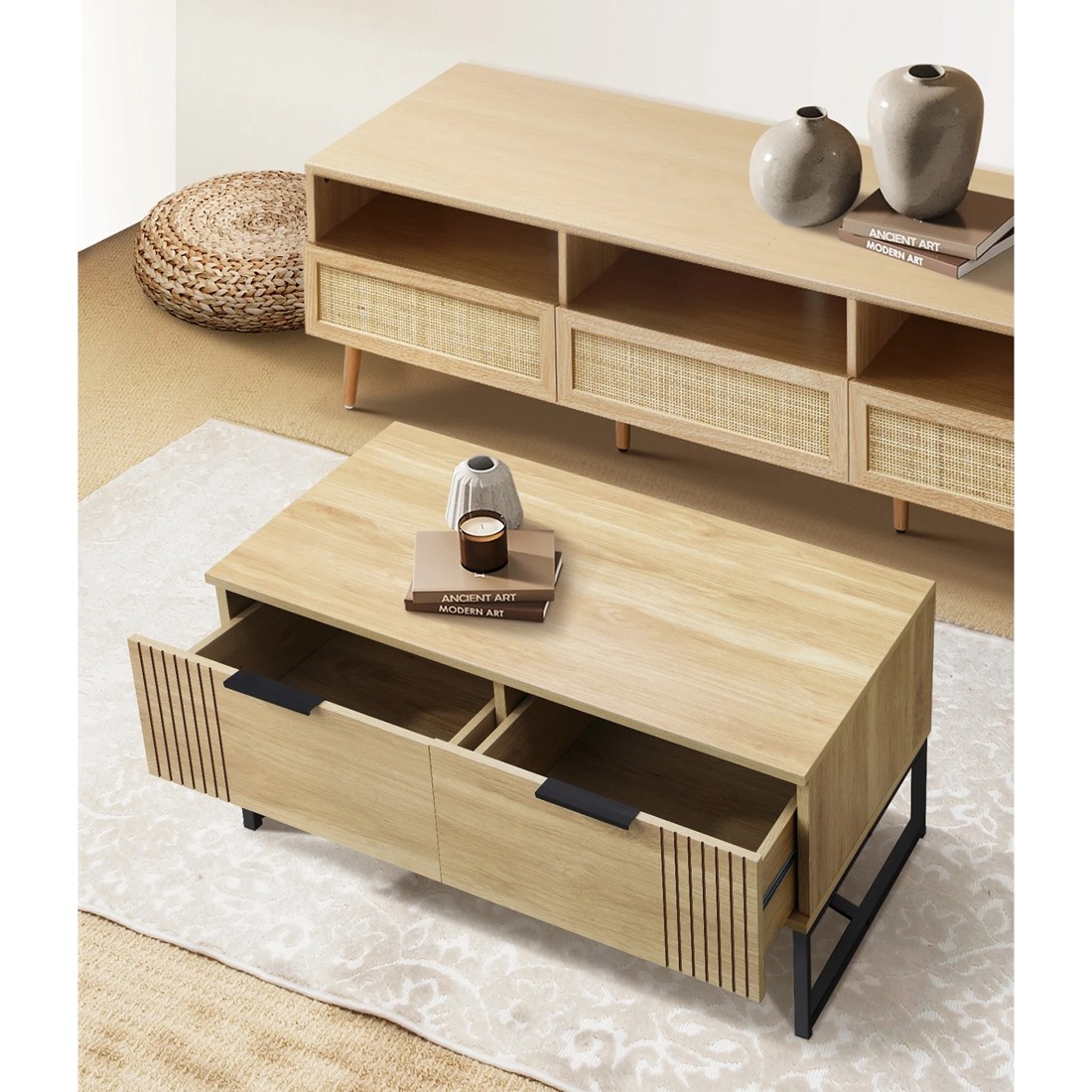 4 Oikiture Coffee Table Storage Drawers Side Tables Sofa Cafe Desk
 - Natural, 4 of 10