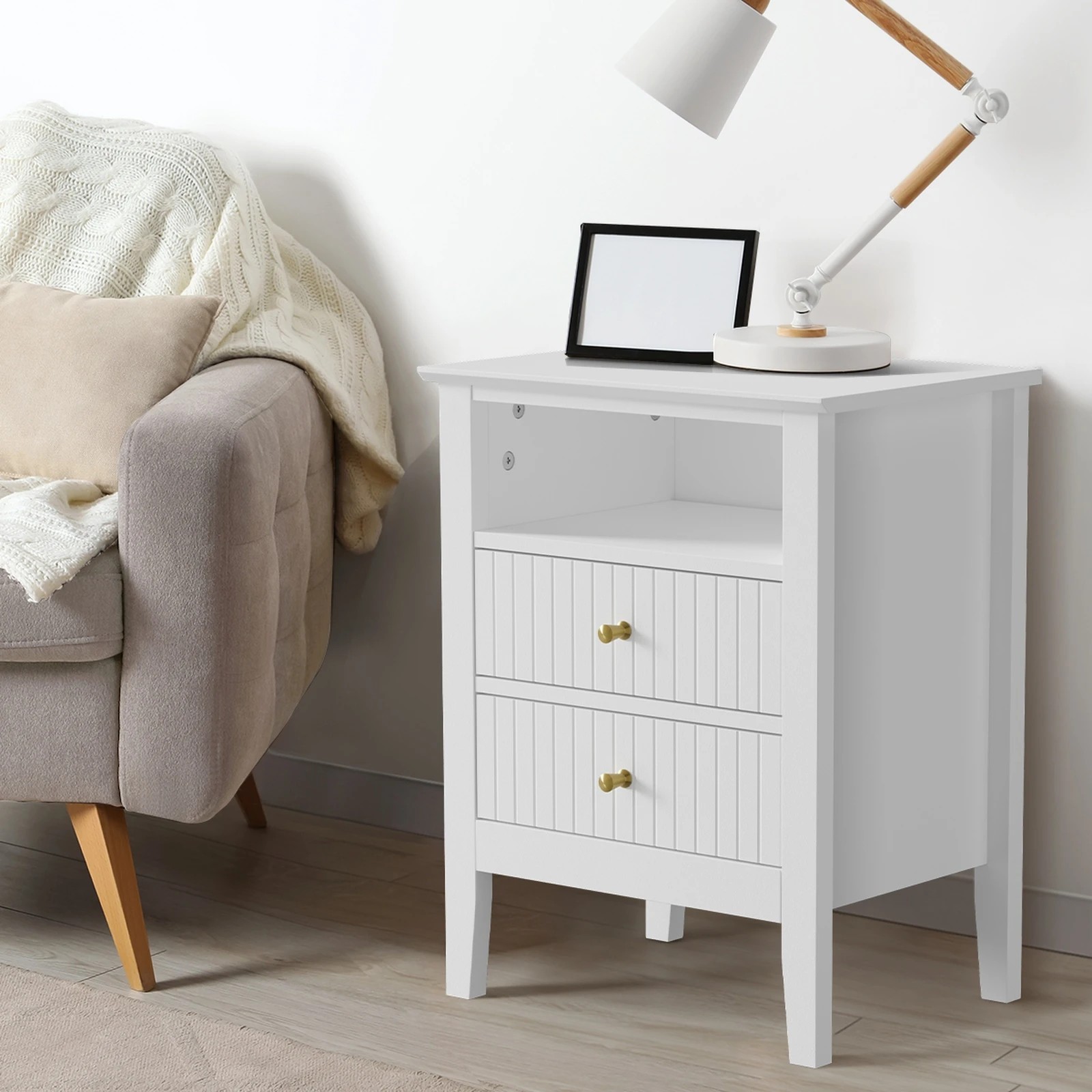 4 Oikiture Bedside Table Nightstand 2 Drawer with Shelf Storage Cabinet - White, 4 of 9