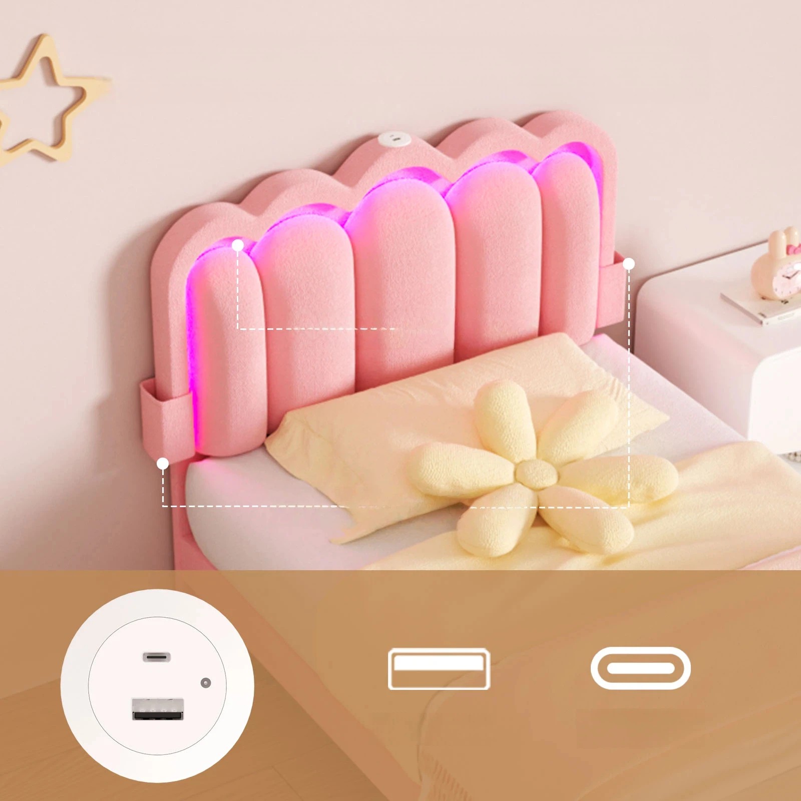 7 Advwin LED Bed Frame with Adjustable Headboard and Drawer USB Velvet King Single - Pink, 7 of 10