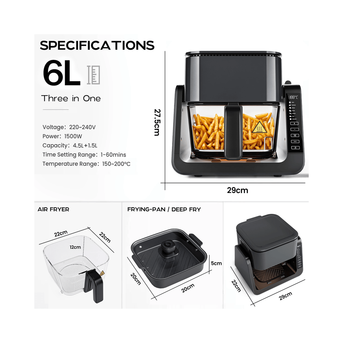 7 Advwin Dual Zone Air Fryer & Bbq Grill | Oil-less Top Grill & Bottom Fryer, 6l Digital Touch Screen Cooker, Grey, 7 of 9