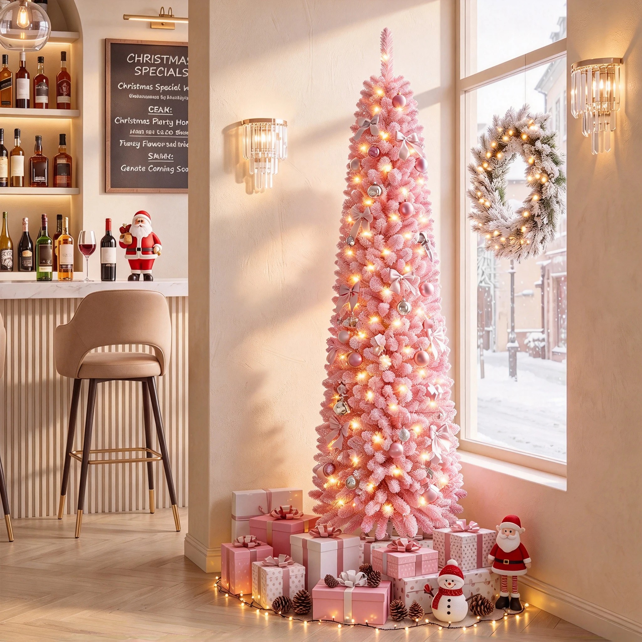 6 Costway 1.8M Pink Flocked Christmas Tree Artificial Pre-Lit Xmas Tree 8 Modes - Pink, 6 of 10