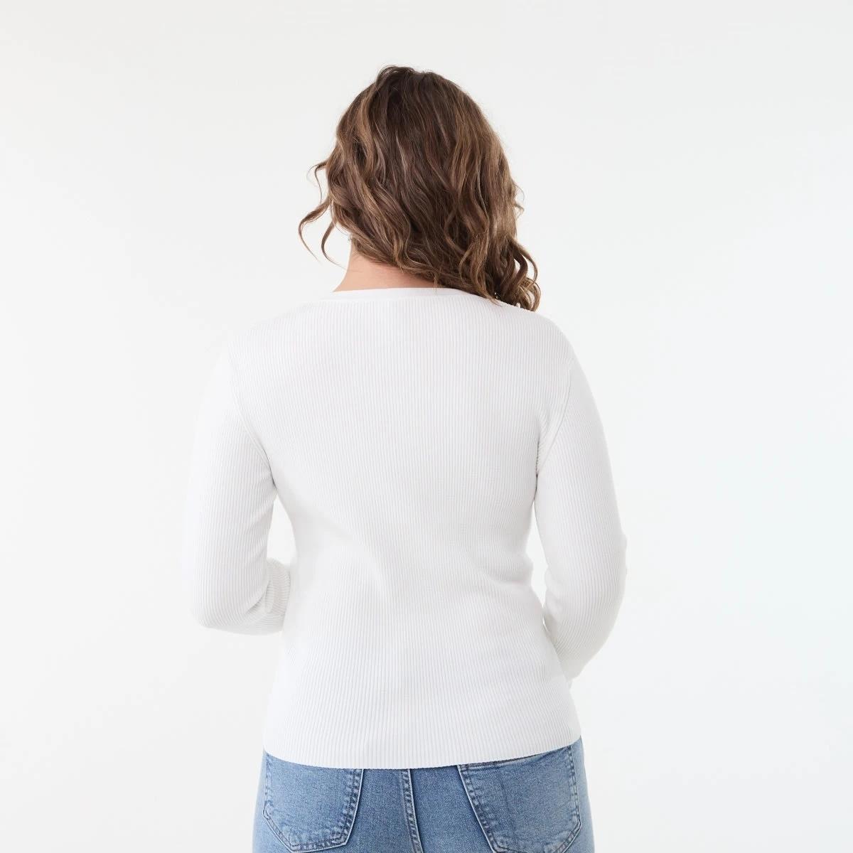 3 Long Sleeve Rib Button Through Top SNOW WHITE, 3 of 5
