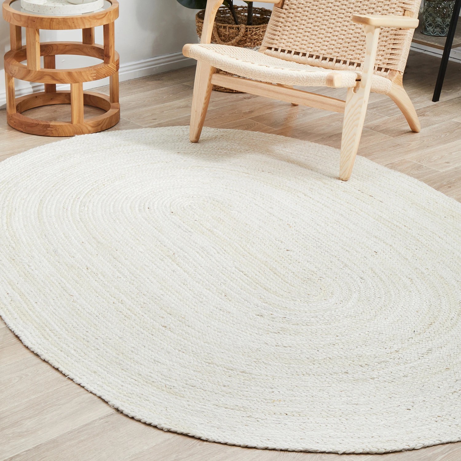 1 Common Ground Rugs Shoreline White 220x150cm - Medium Oval Hand Braided Jute Rug - Natural, 1 of 9