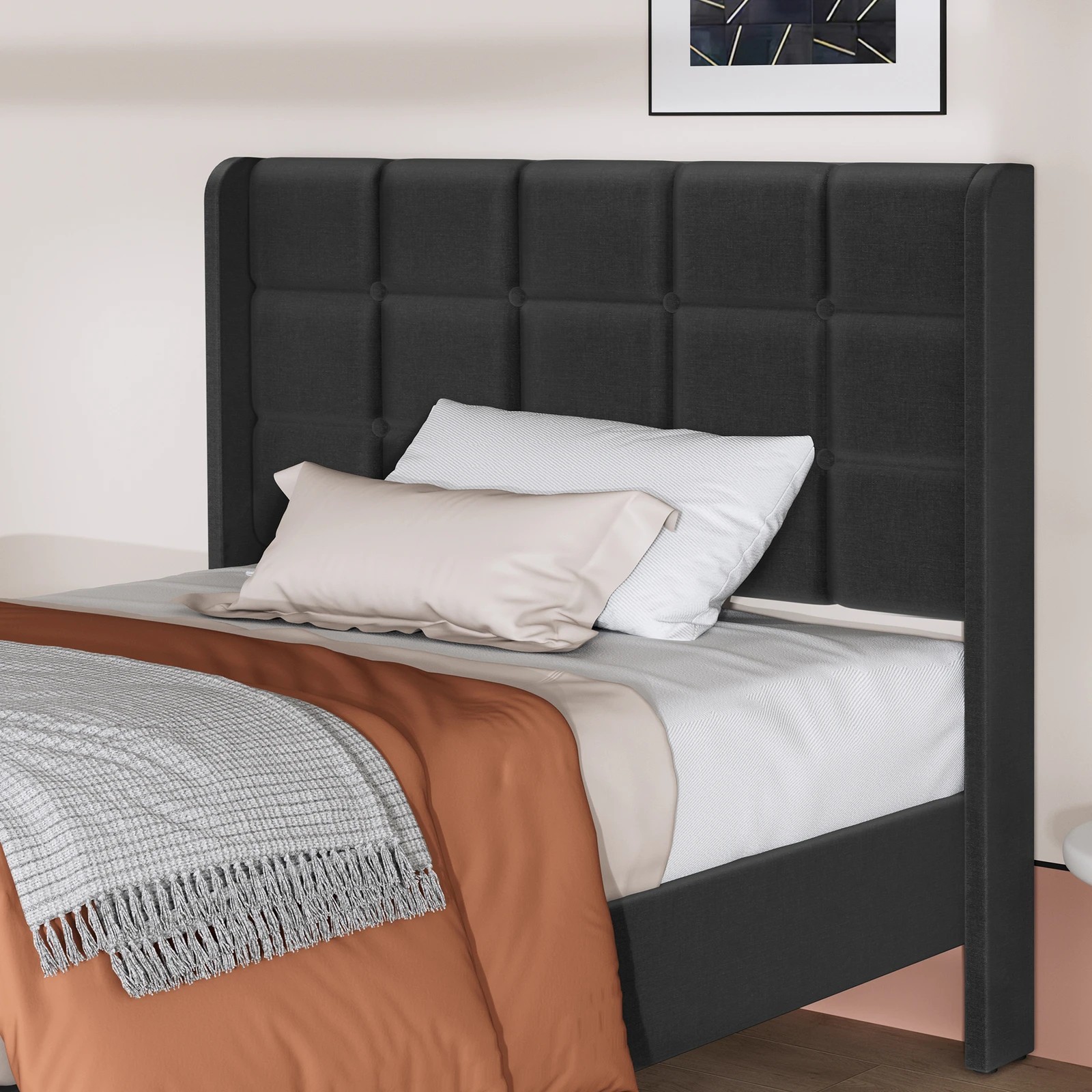 4 Alfordson Bed Frame Single Size Upholstered Wingback Base Fabric Sarah - Charcoal, 4 of 10