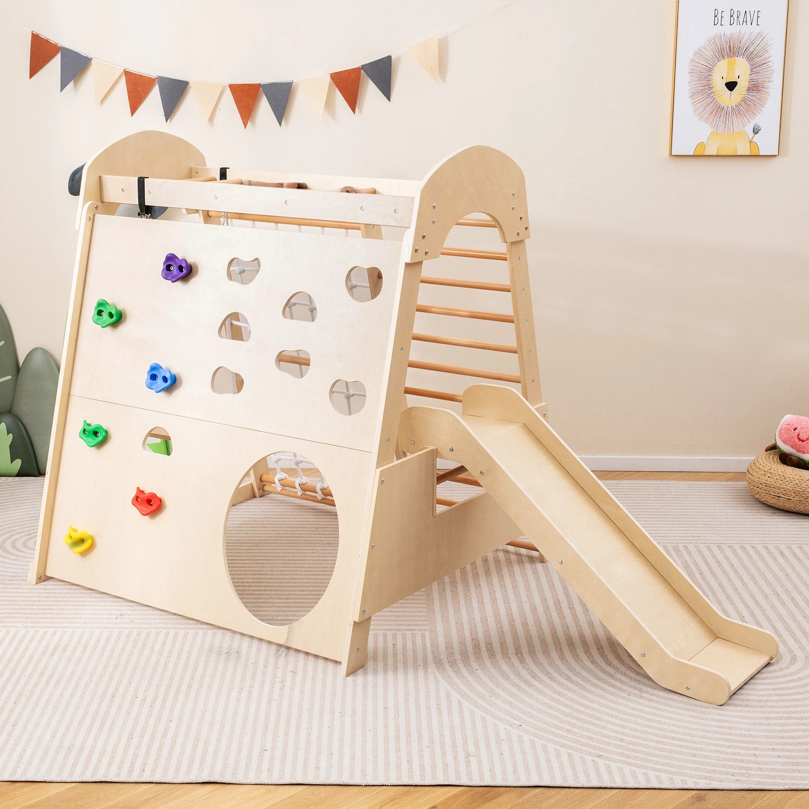 3 Costway Climb Playset 8-in-1 Indoor Wooden Climbing Wall Swing Slide, 3 of 6