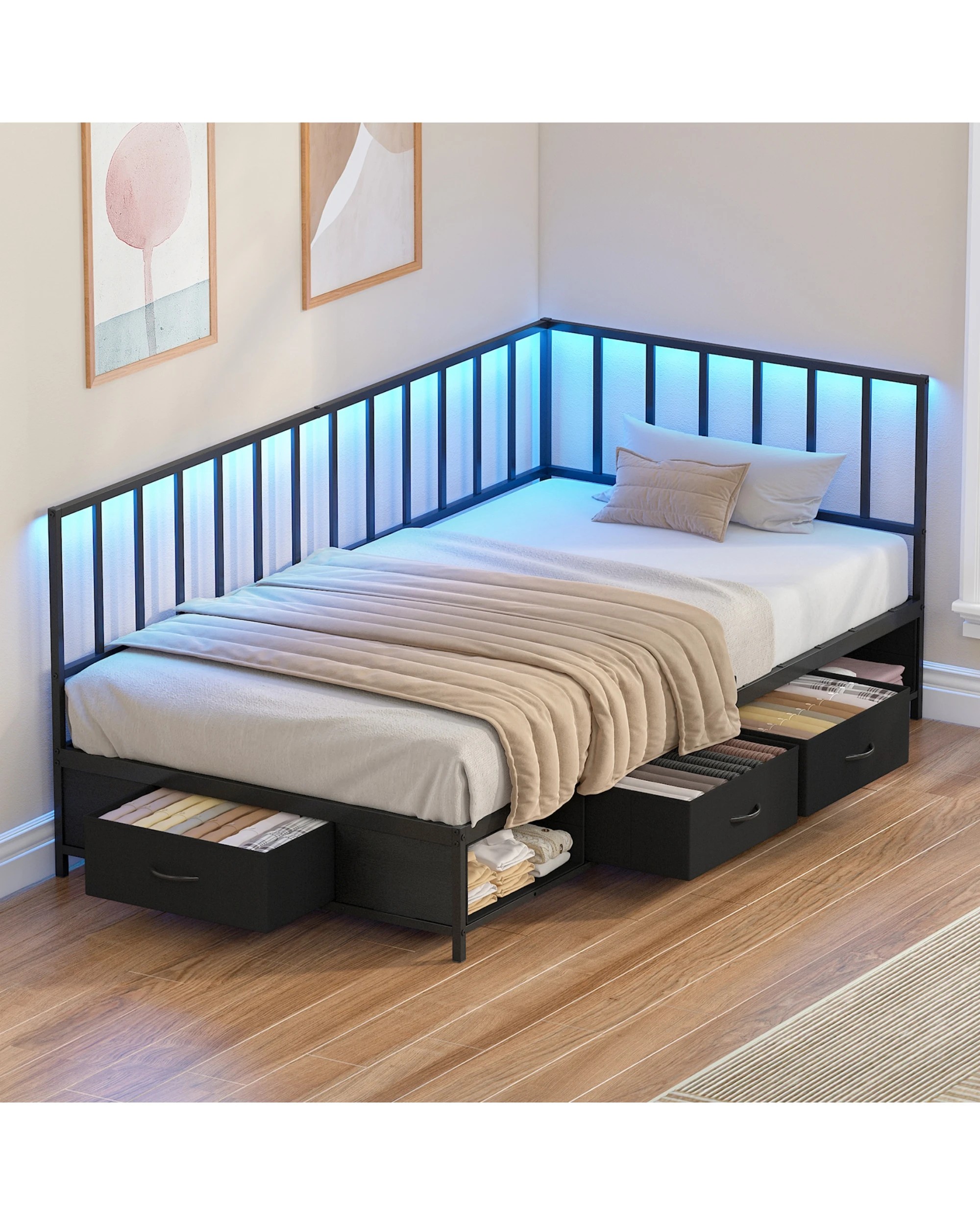 2 Advwin Single Corner Bed Frame L Shaped with LED Light and Drawers - Black, 2 of 9