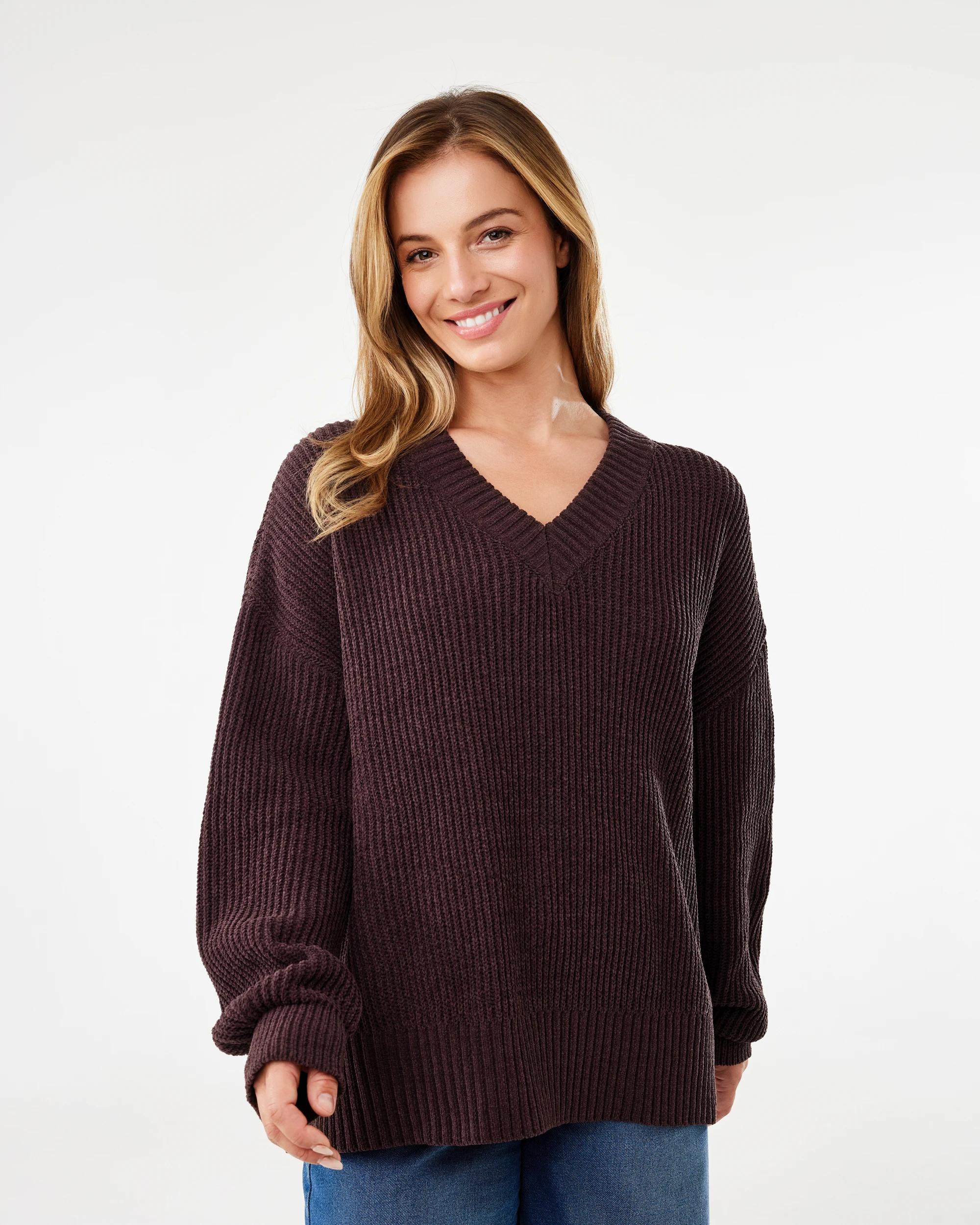 1 Chenille V Neck Jumper Melt Brown, 1 of 6