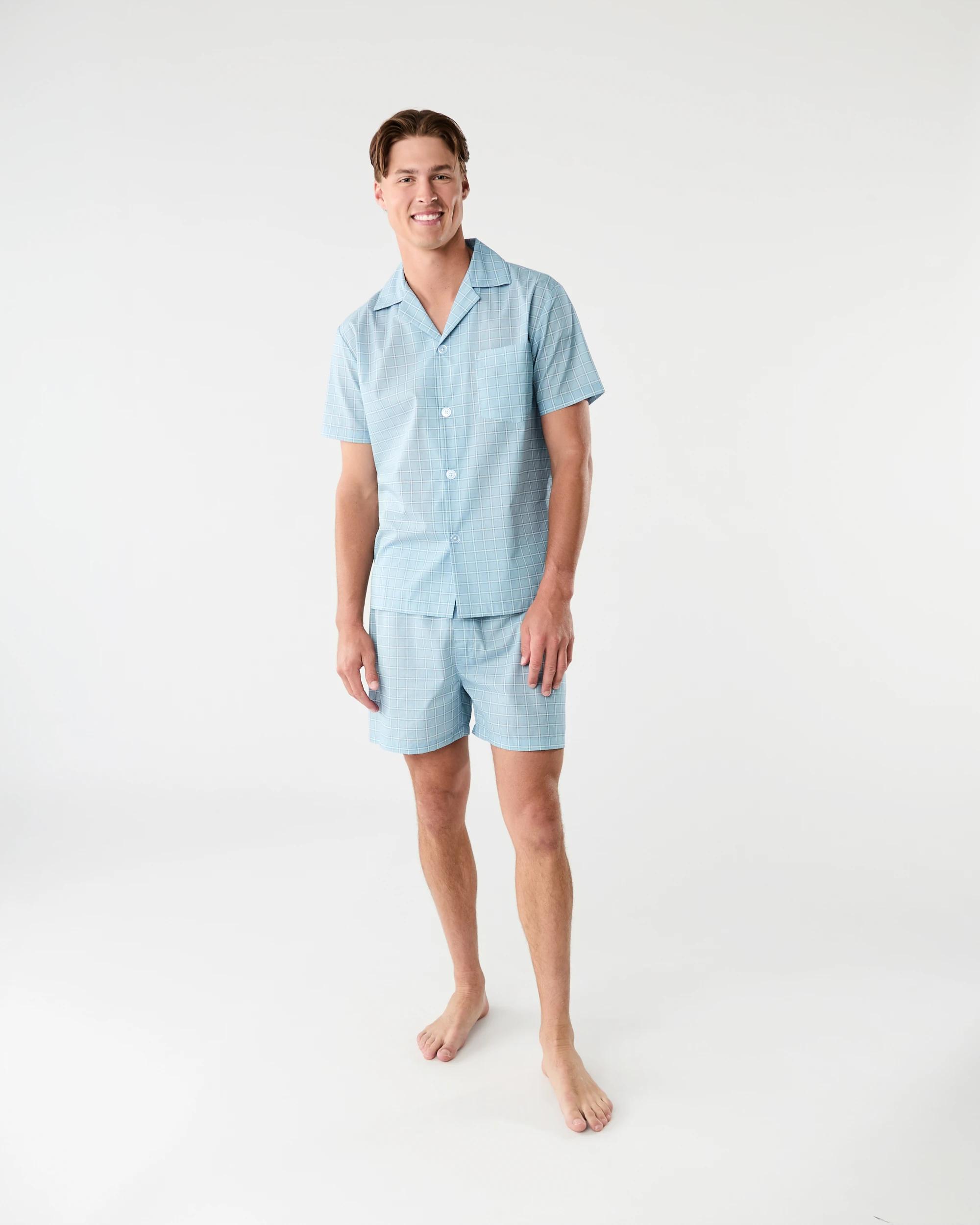 1 Short Leg Woven Pyjama Set Blu Check, 1 of 9