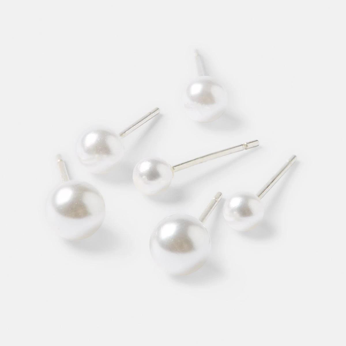3 3 Pack Sterling Silver Faux Pearl Earrings Silver, 3 of 5