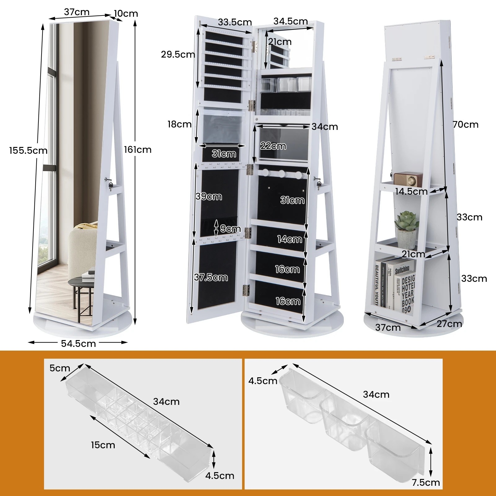 4 Costway 360° Rotating LED Jewellery Cabinet Full Length Mirror Armoire Makeup Cabinet - White, 4 of 5