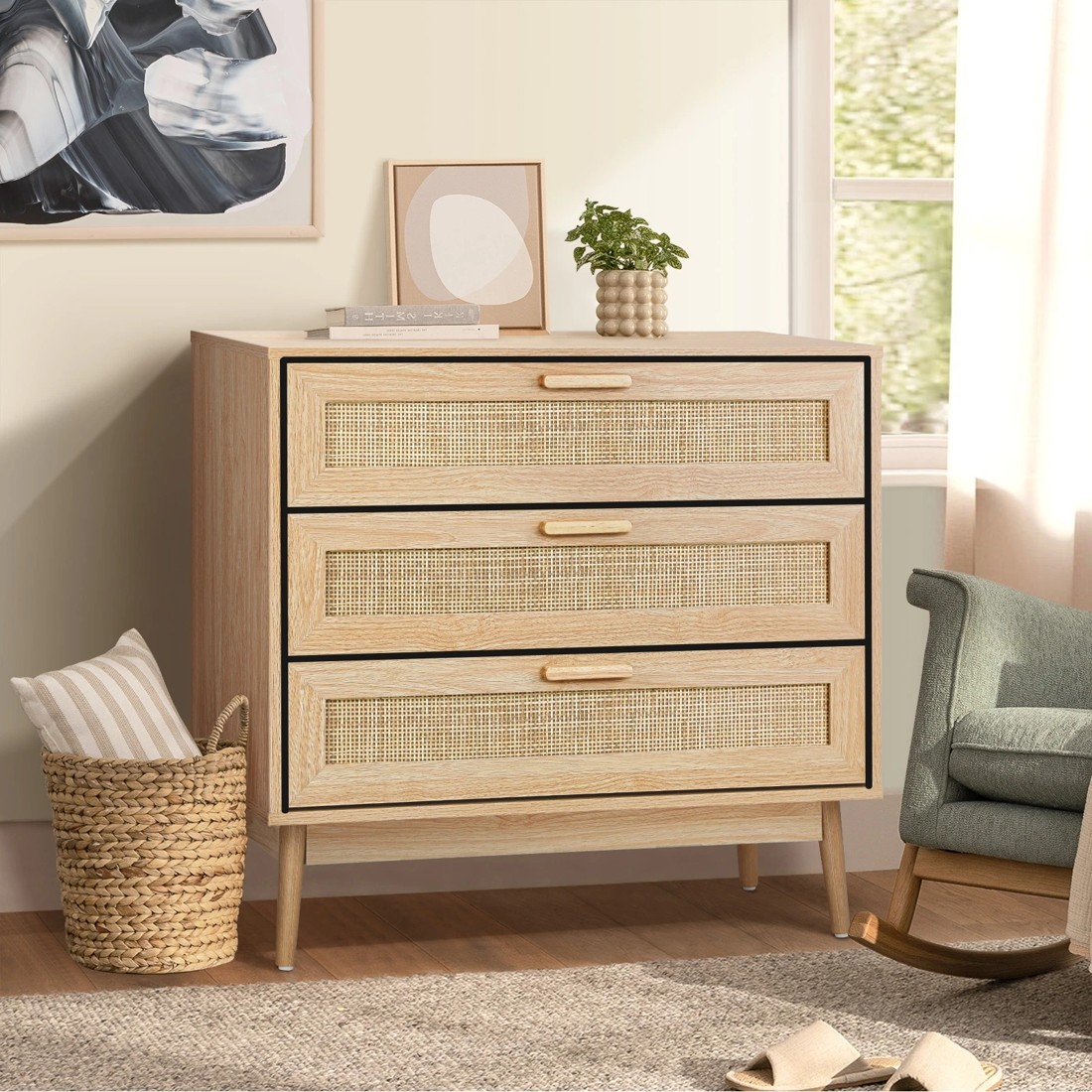 3 Oikiture 3 Chest Of Drawers Storage Cabinet Dresser Rattan Lowboy
 - Natural, 3 of 10