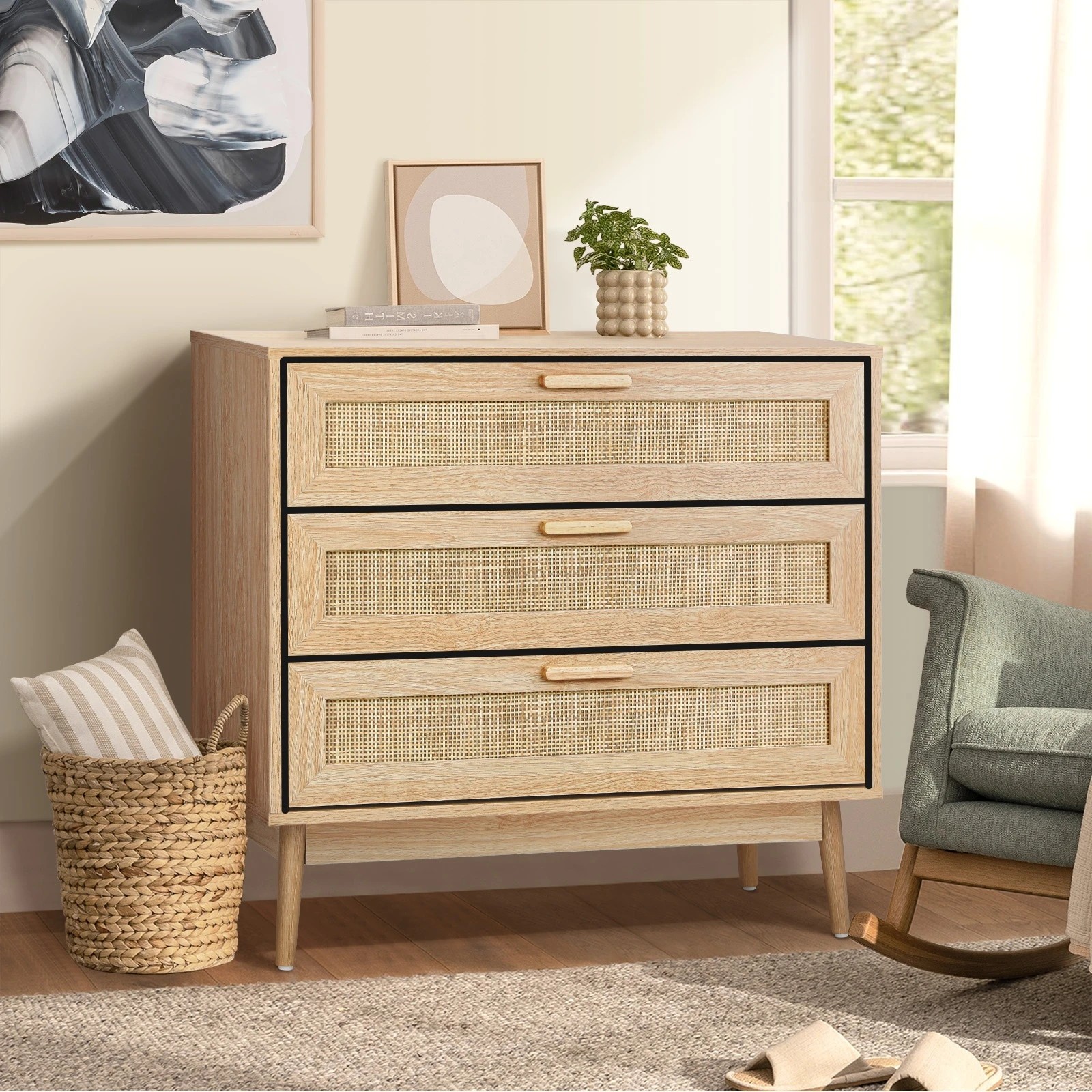 3 Oikiture 3 Chest Of Drawers Storage Cabinet Dresser Rattan Lowboy
 - Natural, 3 of 10