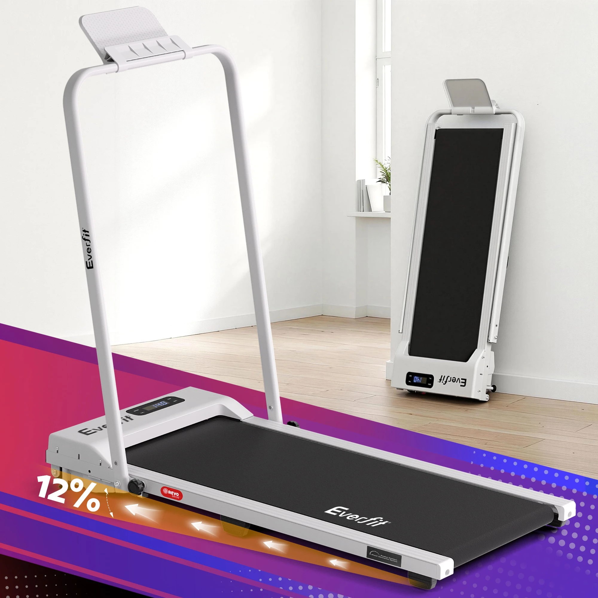 2 Everfit 3 in 1 Walking Pad Treadmill 12% Incline Foldable Under Desk Treadmills for Home Gym - White, 2 of 9