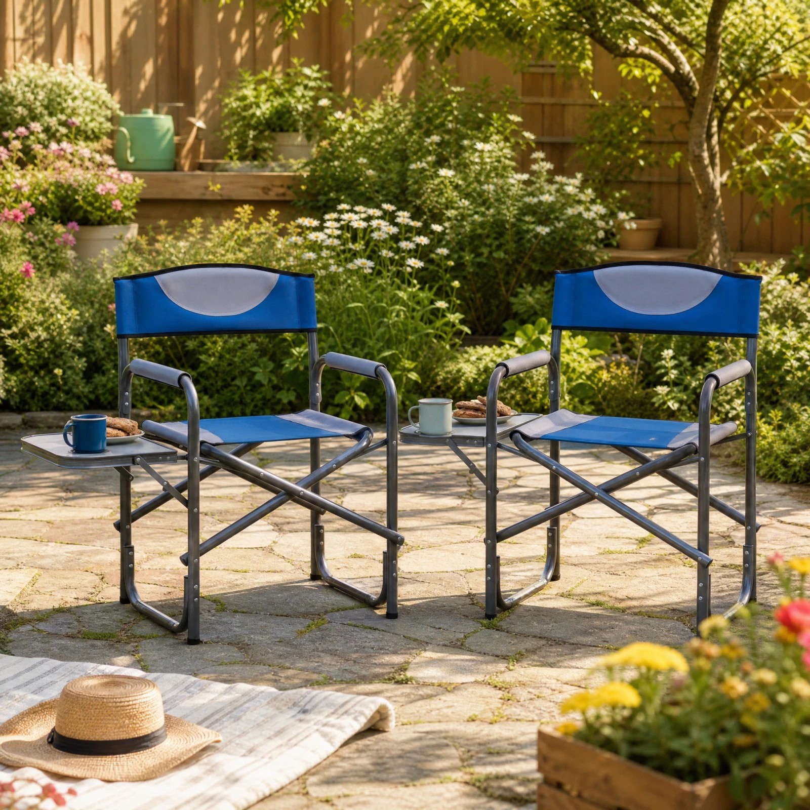 1 Costway Folding Camping Chair Portable Directors Chair Hiking Chair w/Side Table - Blue, 1 of 6