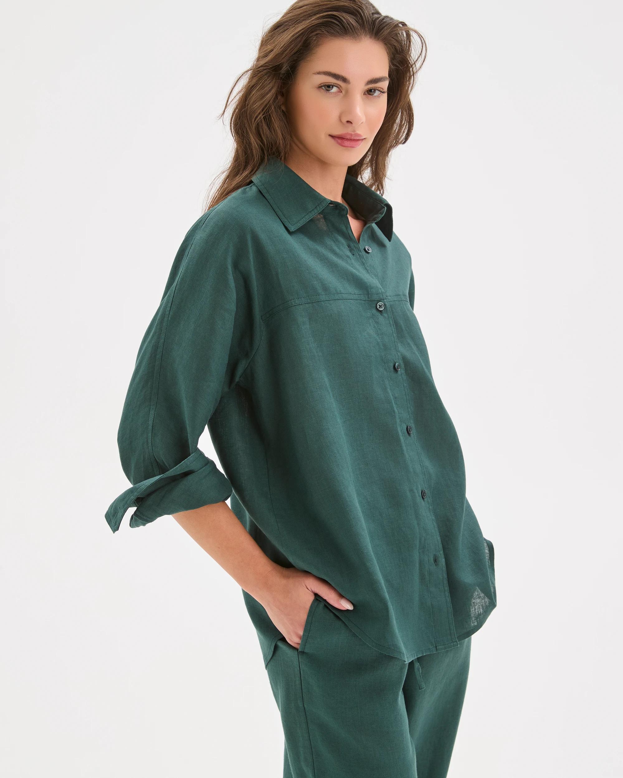 4 Target Petites Petites European Linen Seamed Shirt DEEP GREEN, 4 of 7