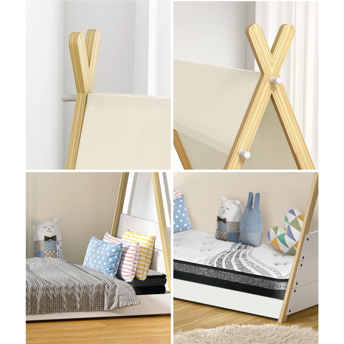 5 Oikiture Kids Bed Frame And Mattress Timber House Teepee Triangle Beds Single
 - Multi, 5 of 10