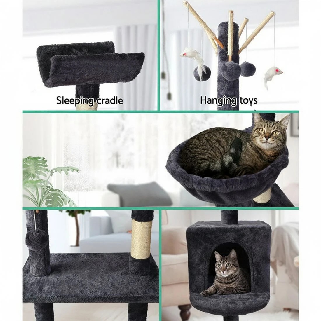 4 i.Pet Cat Tree 140cm Tower Scratching Post Scratcher Trees Toys Condo Bed - Grey, 4 of 6