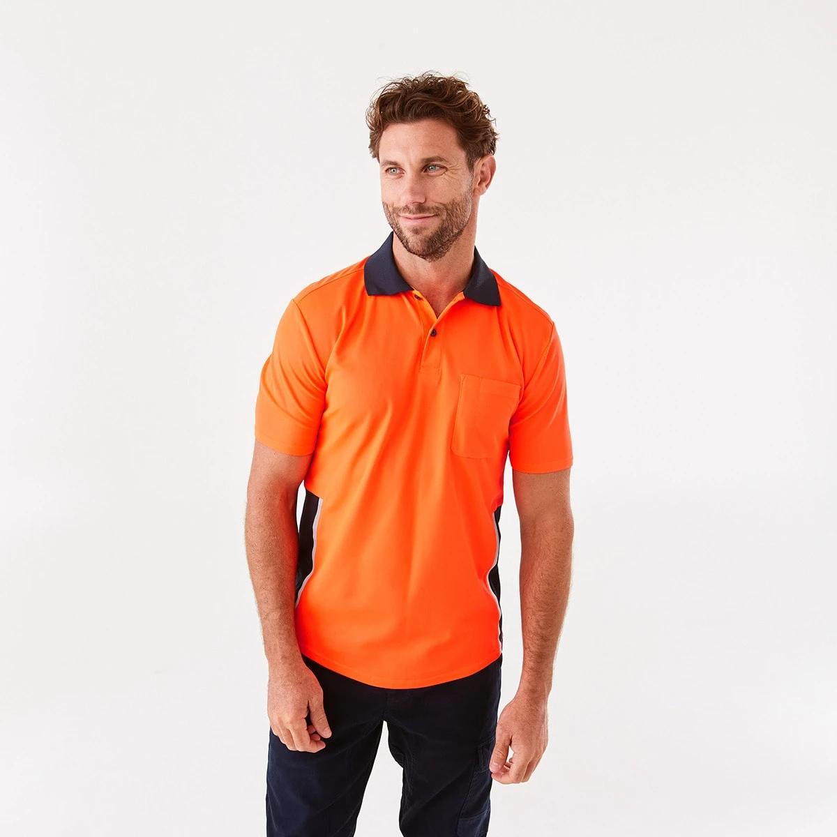 1 Workwear Short Sleeve Hi-Visibility Cool Polo Shirt SAFETY ORANGE, 1 of 7