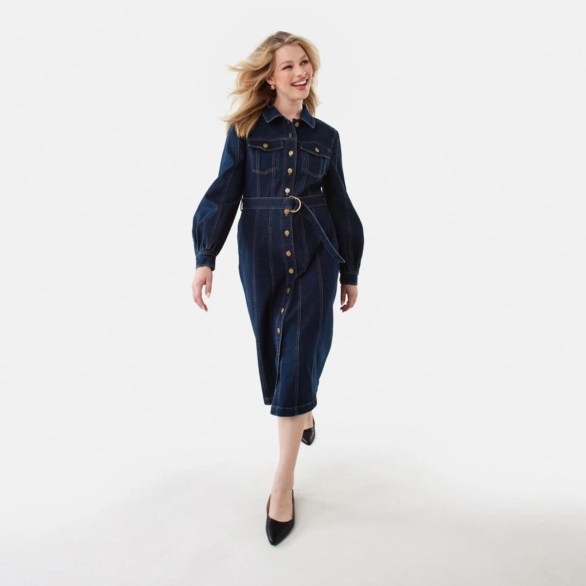 1 Long Sleeve Belted Denim Midi Dress Indigo, 1 of 10