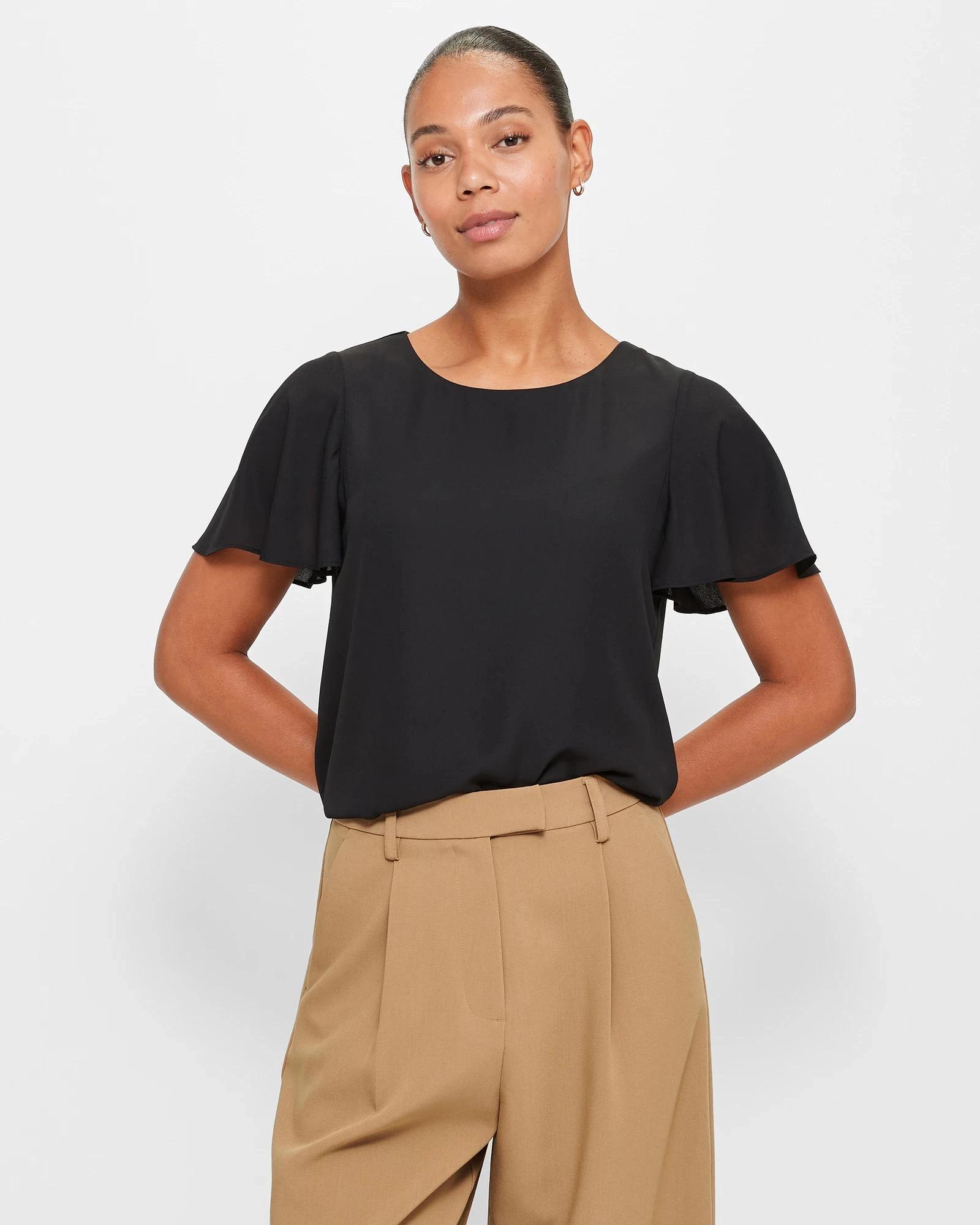 1 Crew Neck Flutter Sleeve Blouse - Preview BLACK, 1 of 5