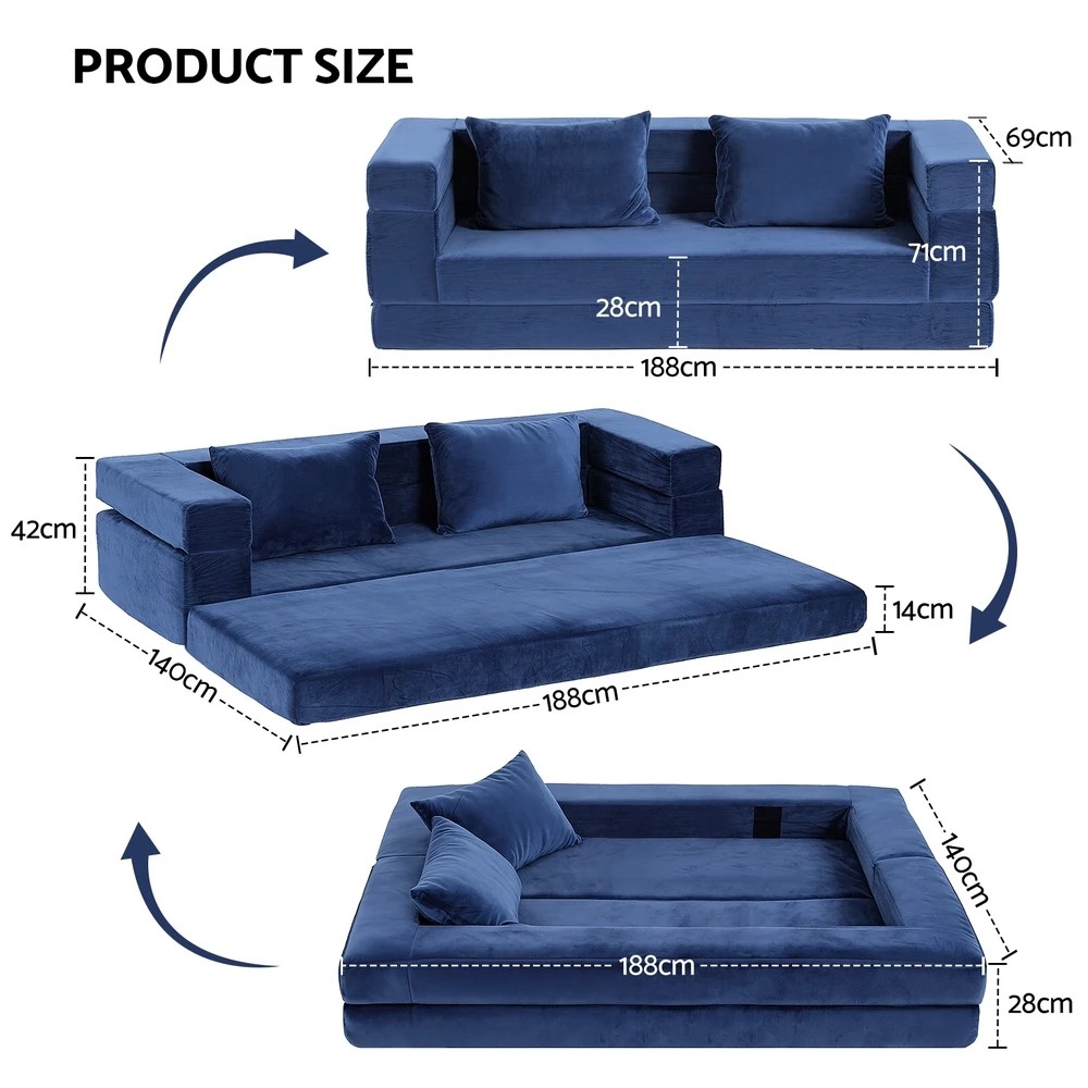 2 Artiss Convertible Folding Sofa Bed Pull Out Mattress Foldable Lounge Couch Chair - Blue, 2 of 2