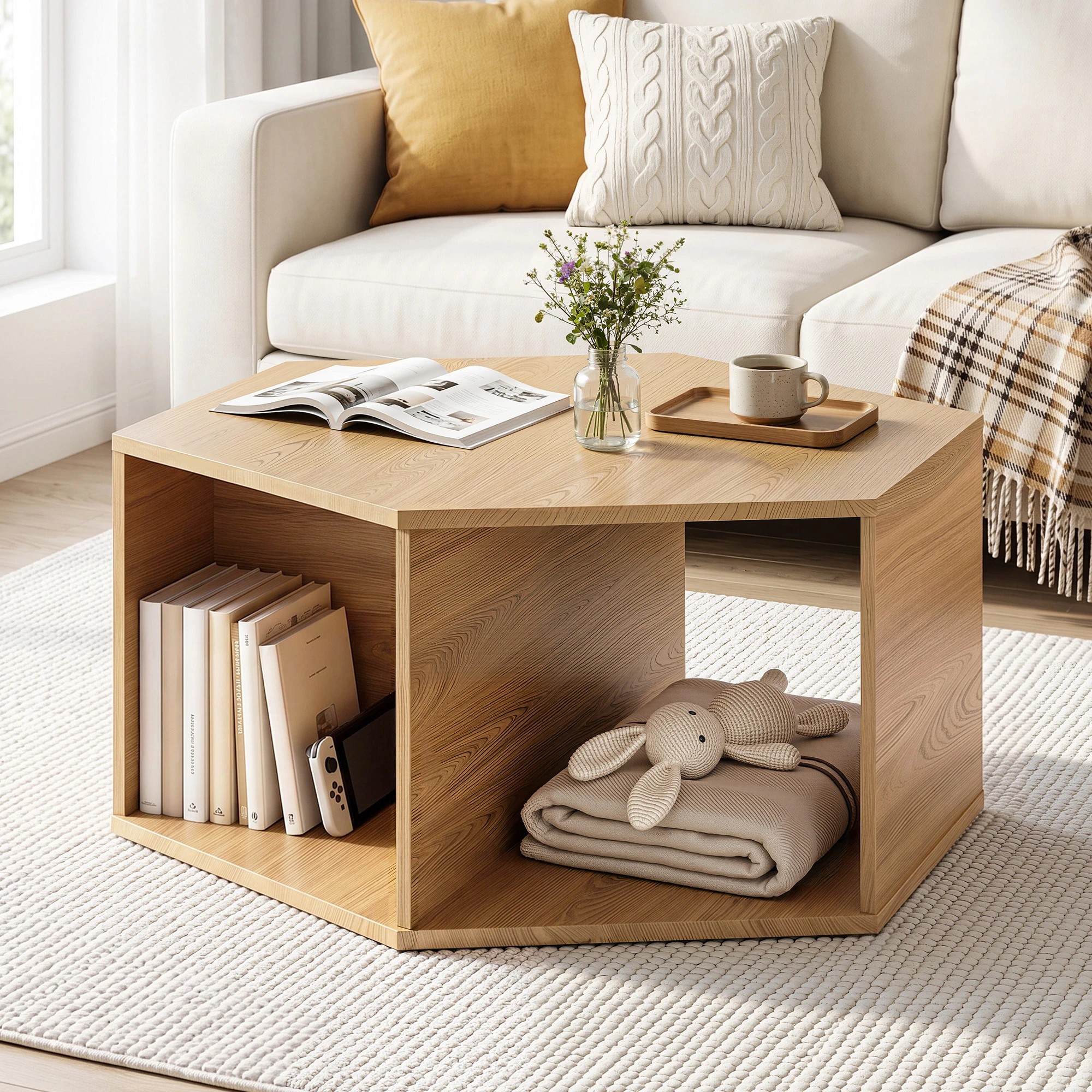2 Artiss Coffee Table Hexagonal Center Table with Open Storage 2-Way Display Side Table Wood - Natural, 2 of 7