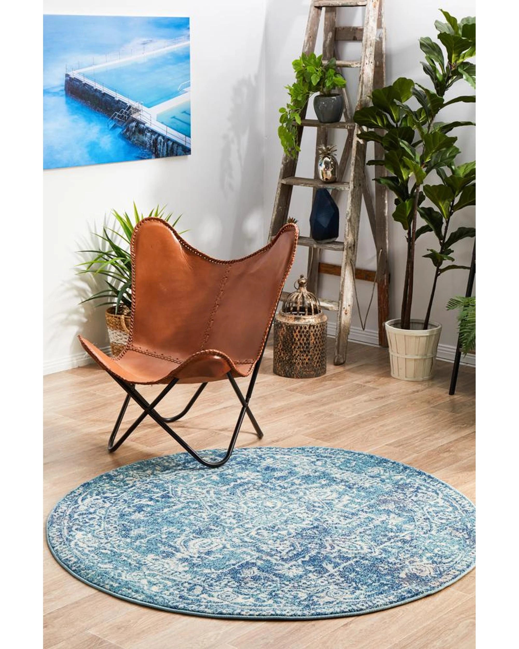 3 Rug Culture Evoke Muse Blue Round Transitional Rug, Power-loomed Polypropylene, 10mm Pile, Made in Turkey - Blue, 3 of 8