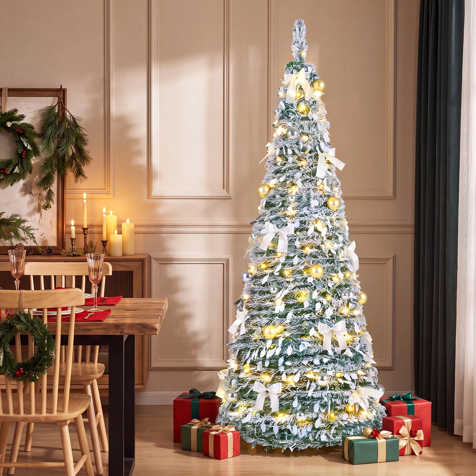 Costway 1.8M Snow-Flocked Pop Up Christmas Tree w/20 Bowknots Pre-lit ...