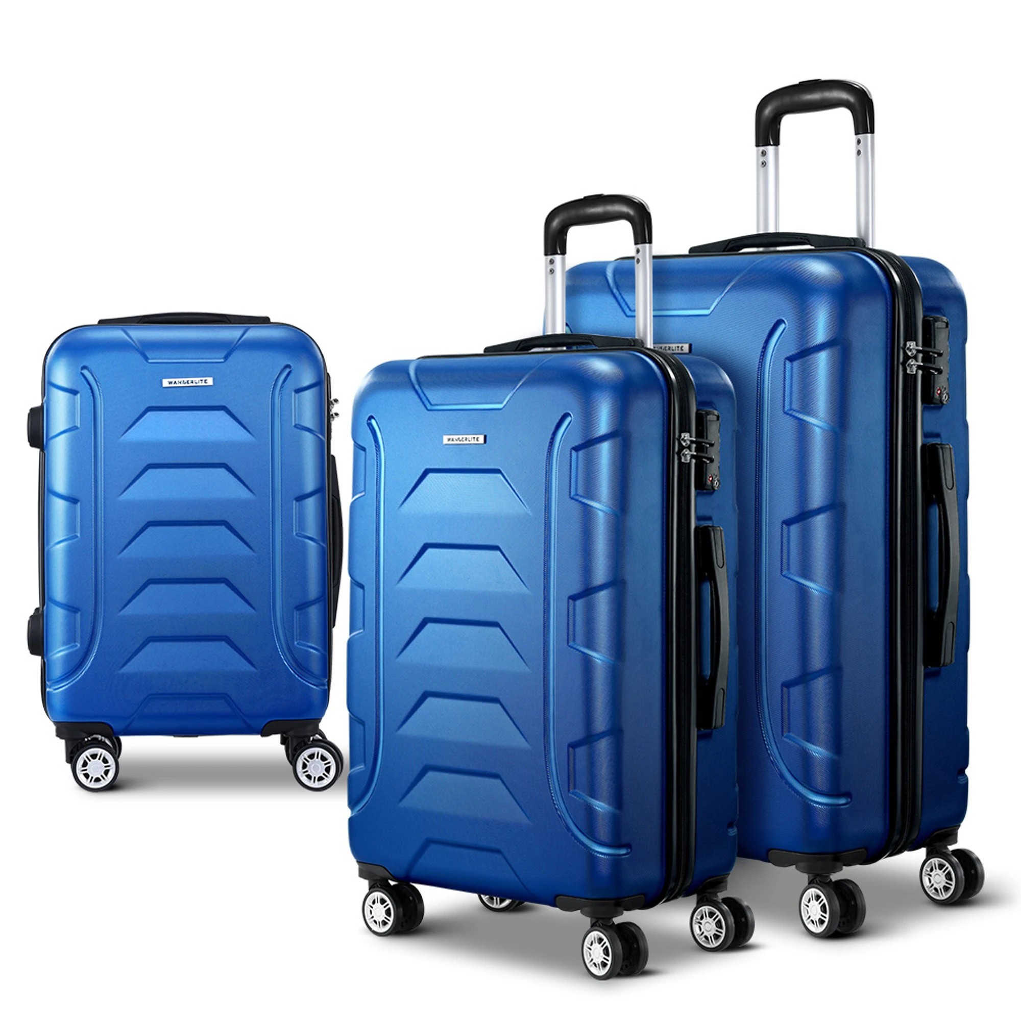 1 Wanderlite 3pc Luggage Trolley Travel Suitcase Set TSA Hard Shell Case Strap - Blue, 1 of 8