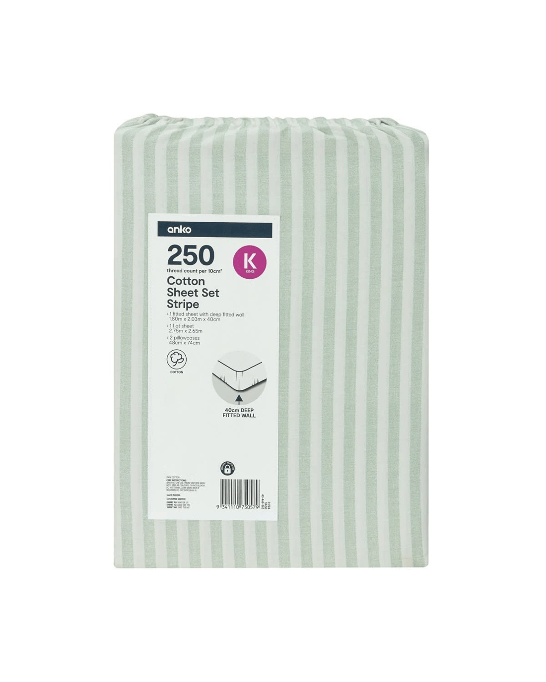 7 250 Thread Count Stripe Cotton Sheet Set - King Bed, Sage, 7 of 7