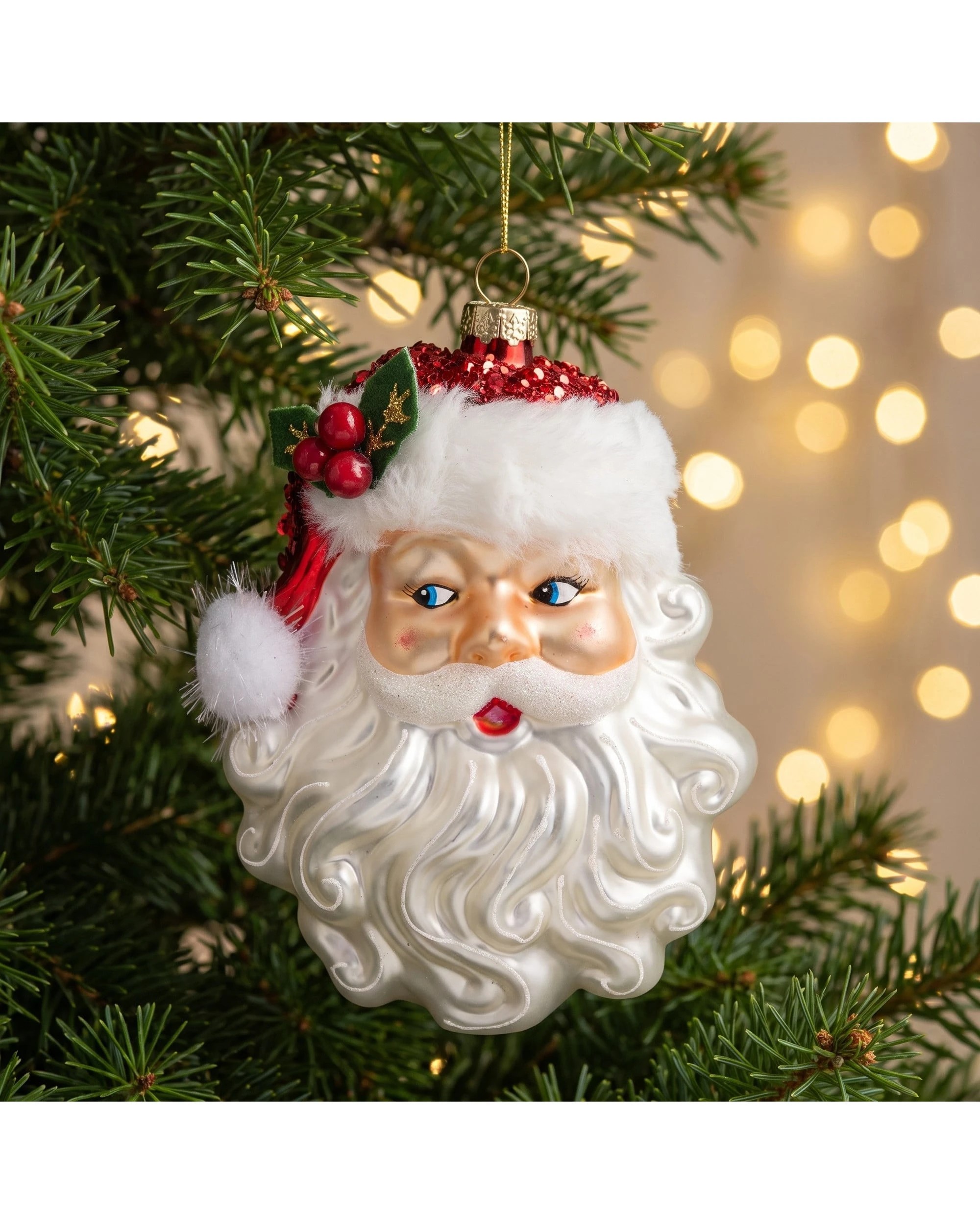 6 Christabelle Set of 6 Glass Santa Head Christmas Baubles, White Fur Trim, 13 cm - White, 6 of 7