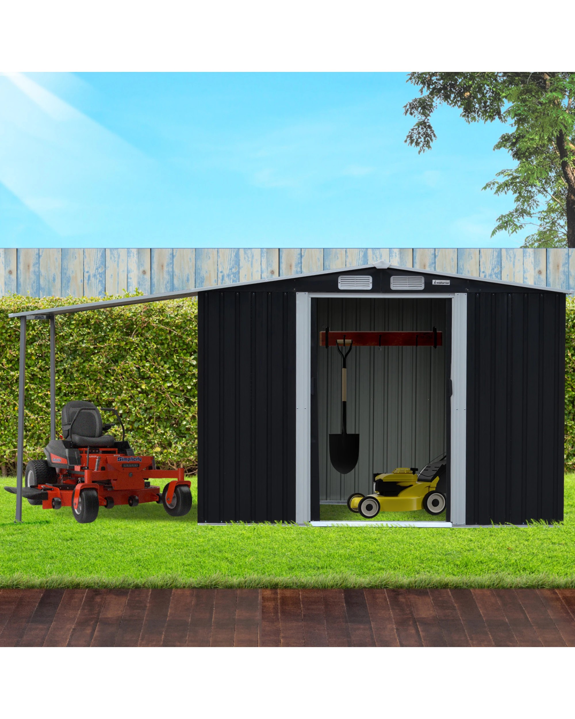4 Wallaroo 4x8ft Zinc Steel Garden Shed with Open Storage Tool Shelter Sloped Roof - Black, 4 of 8