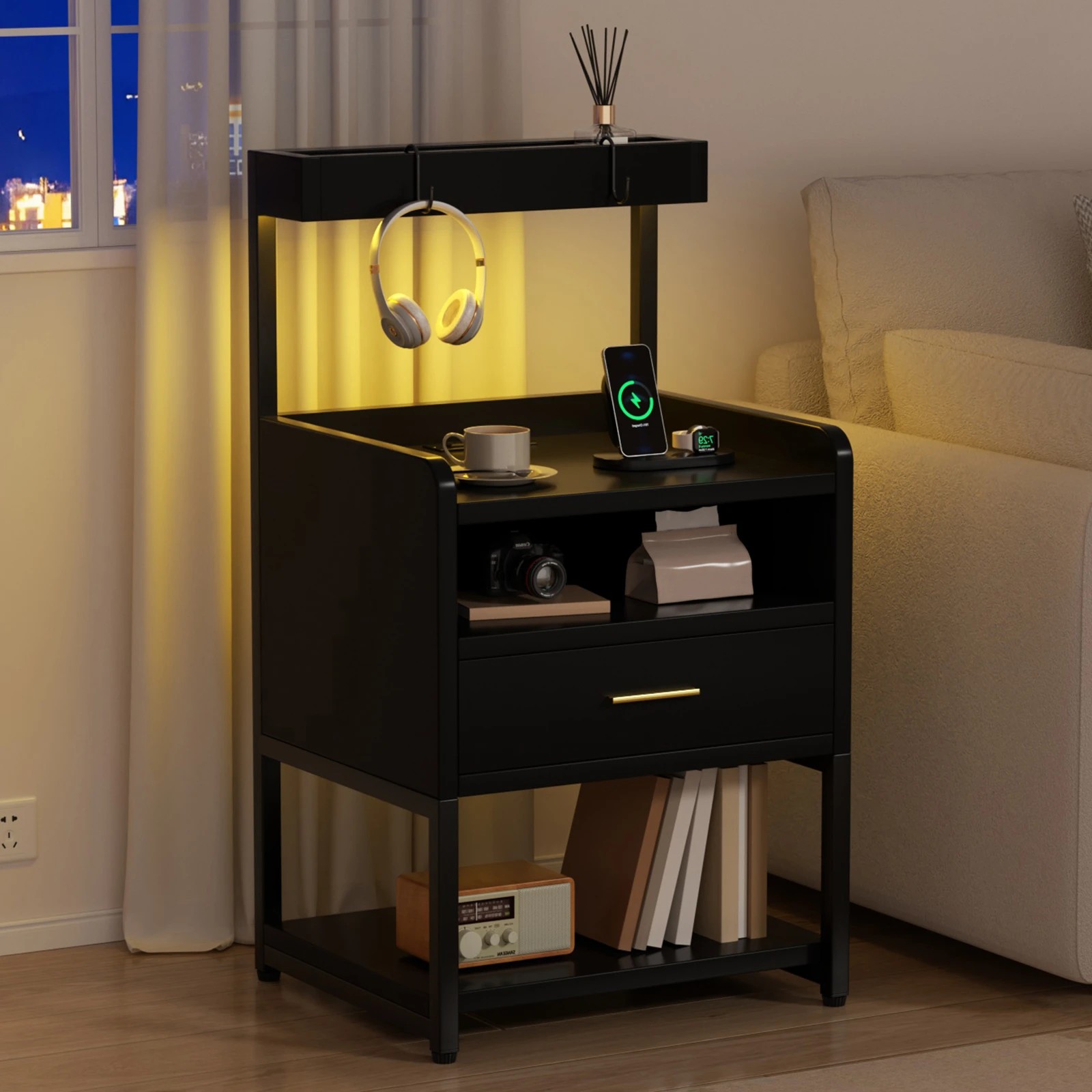 9 Advwin Bedside Table with Charging Station LED Lights Drawer and Open Storage Shelves - Black, 9 of 10