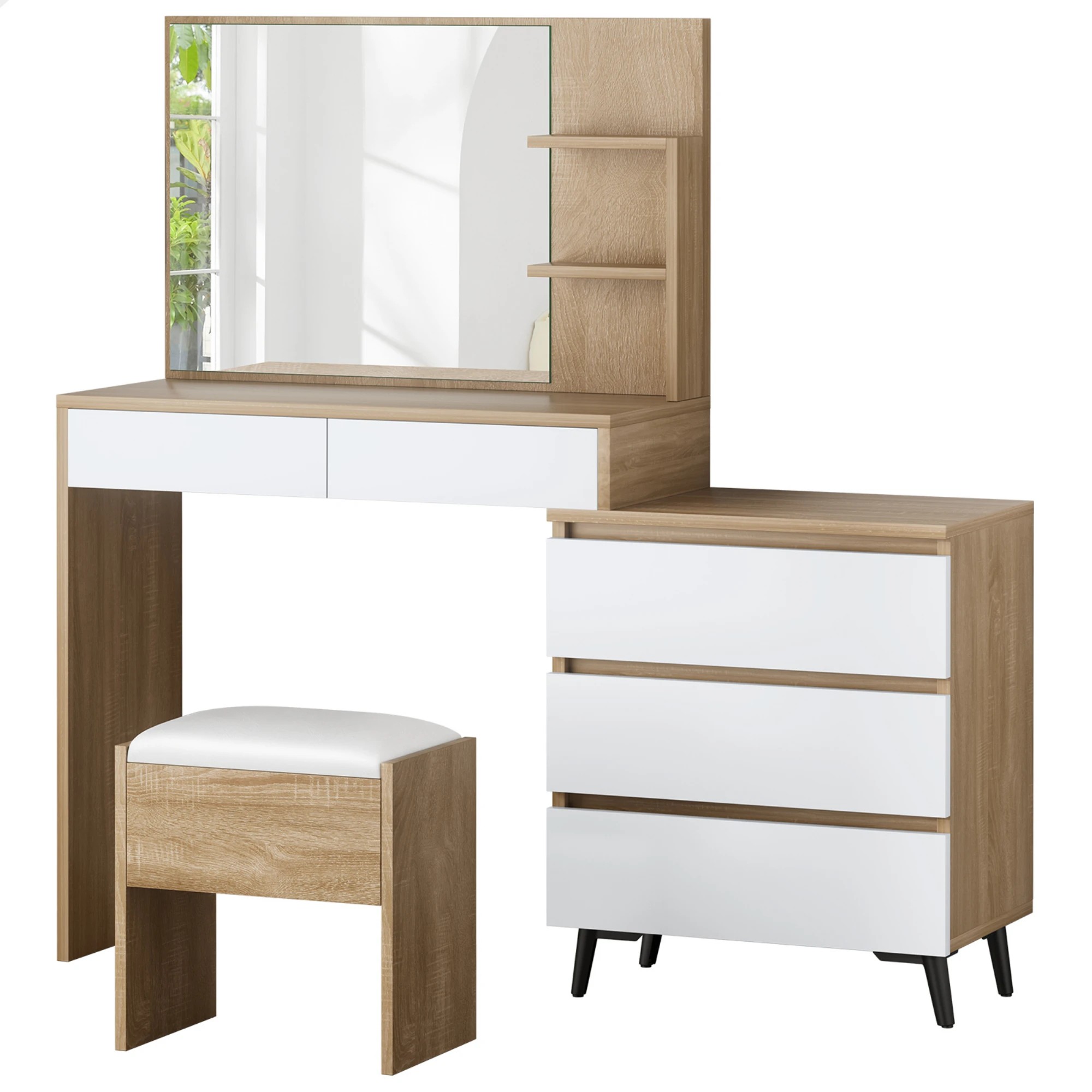 1 Alfordson Dressing Table Stool Set Makeup Mirror Desk Storage Drawers - Wood, 1 of 10