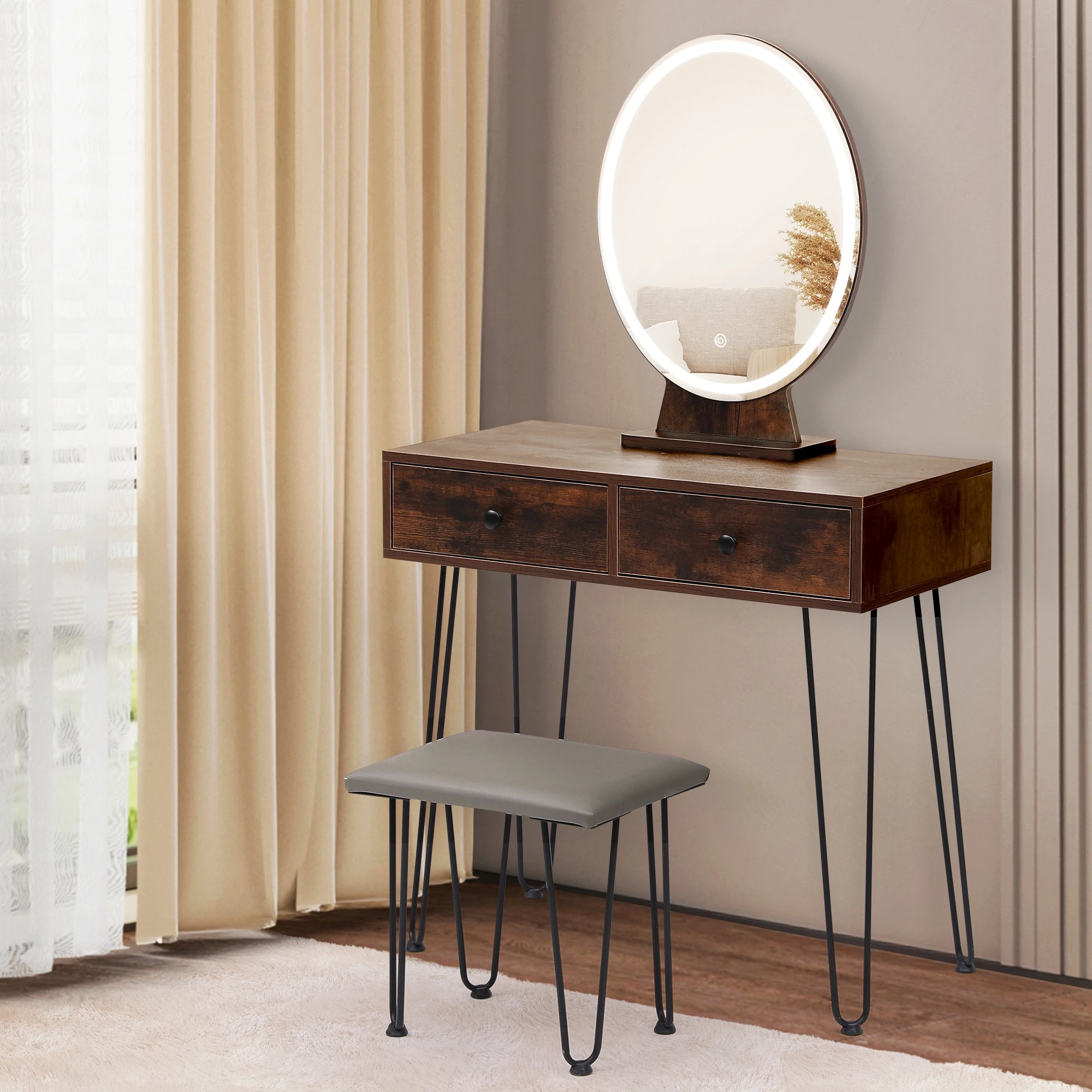 3 Levede Led Mirror Dressing Table Set - Brown, 3 of 9